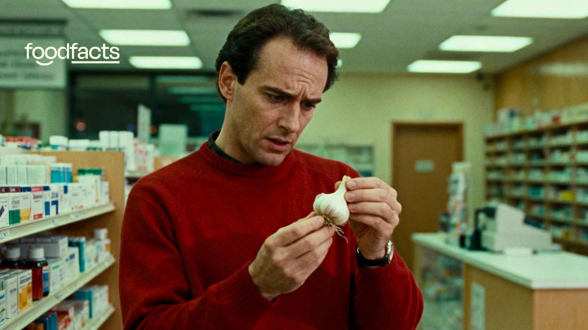 A man is standing in a pharmacy, looking intently at a bulb of garlic, confused by the claims that garlic can reduce blood pressure.