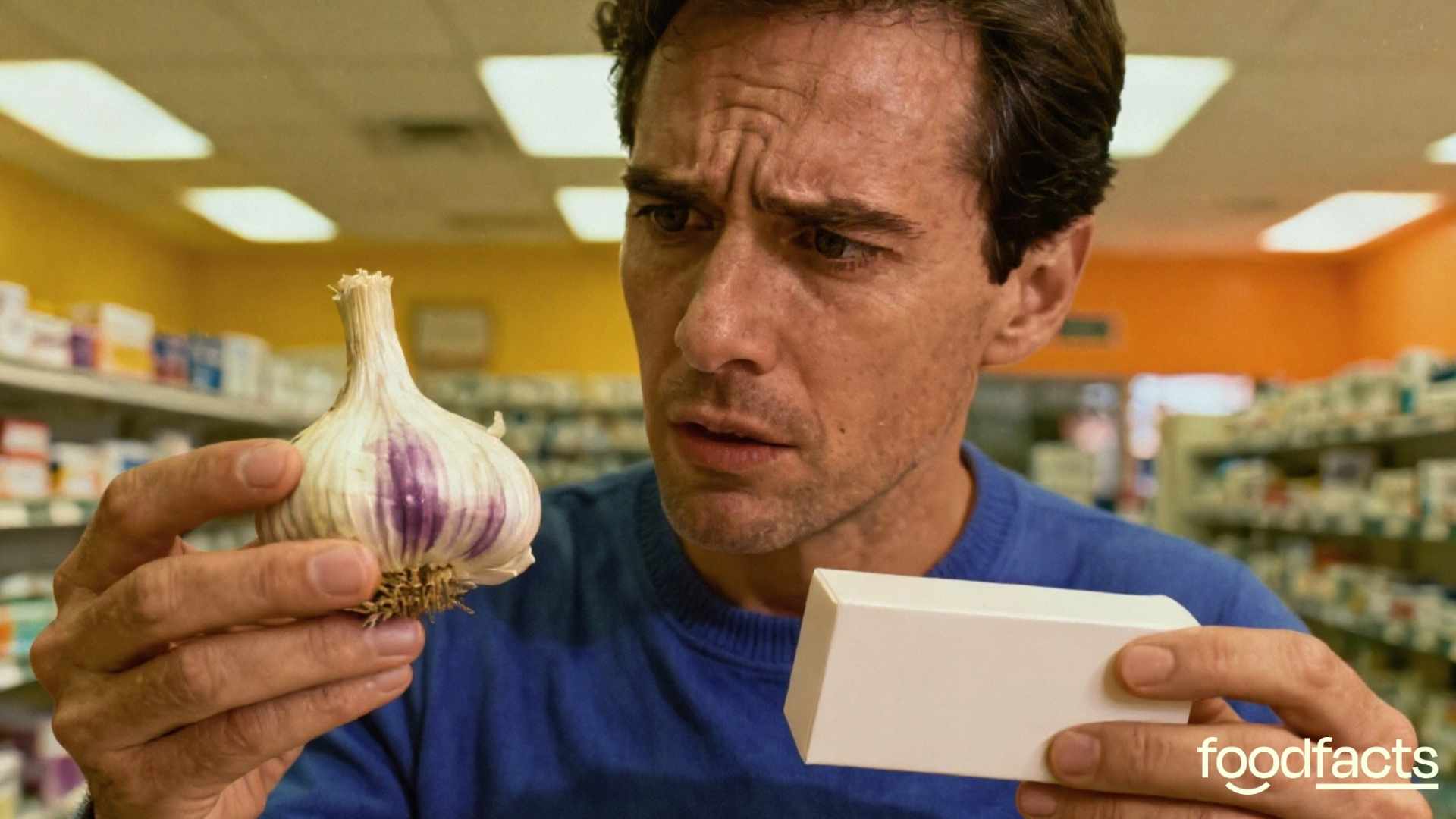 A man is standing in a pharmacy, looking intently at a bulb of garlic, confused by the claims that garlic can reduce blood pressure.