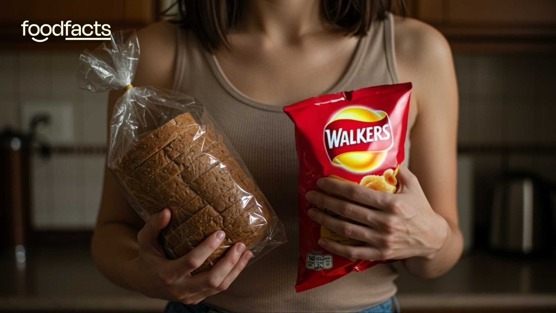 A woman holds a packet of wholegrain bread in her hands