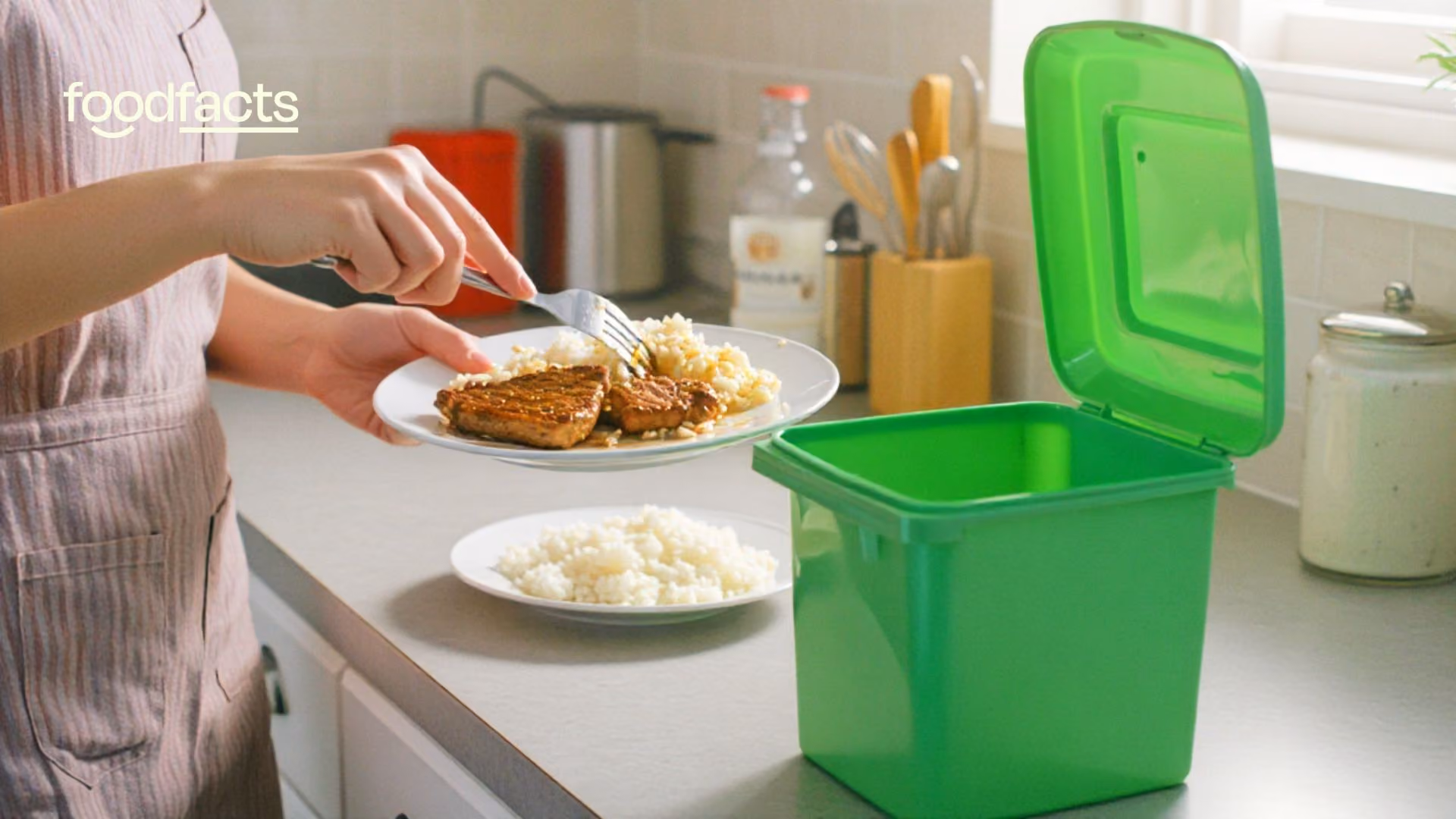 A person scrapes some food into a bin.
