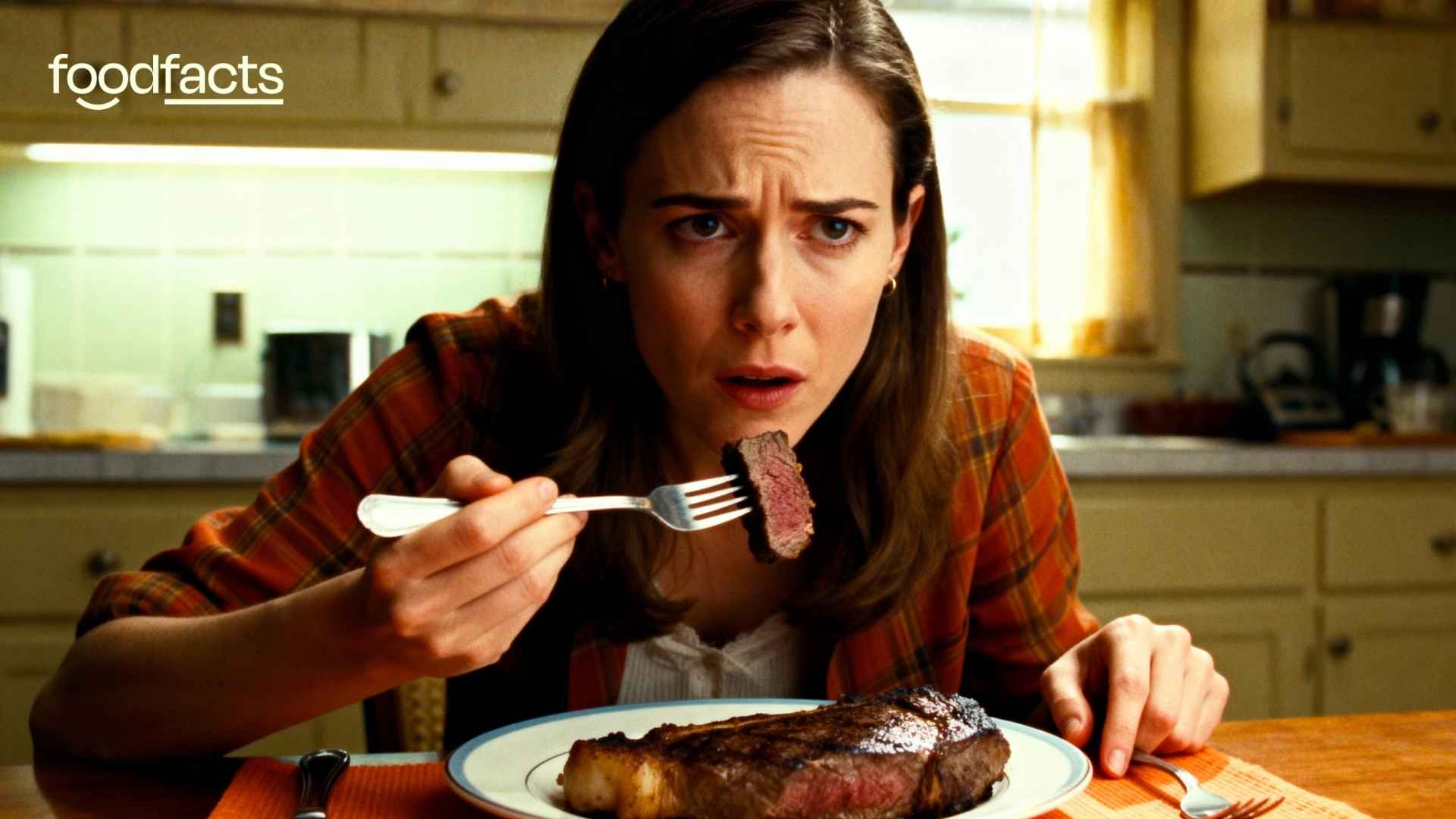 A person looks at a steak with a confused looks, trying to detemine whether the lab-grown meat is made from cancer cells.