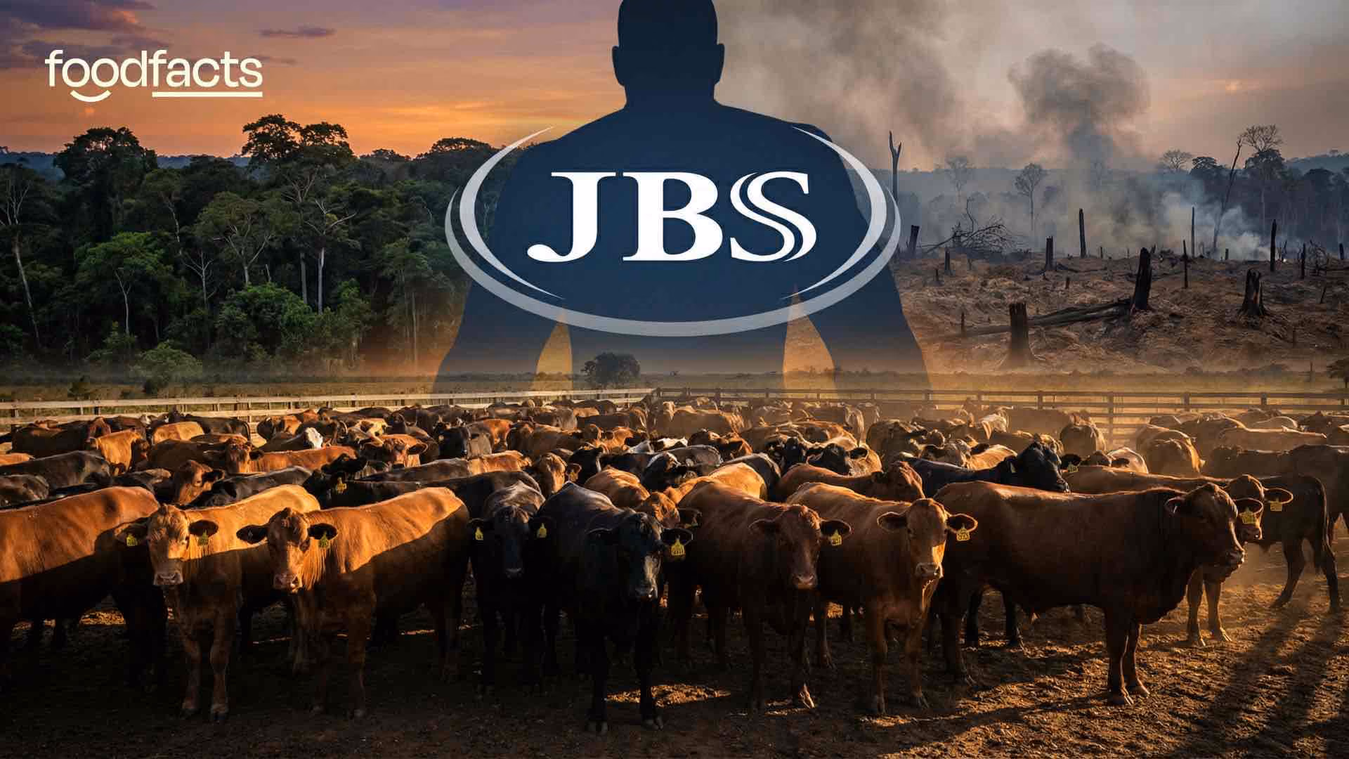 Investigative news-style thumbnail showing the official JBS logo looming large over a herd of beef cattle in the foreground, with some animals tagged and crowded together, while behind them a stark contrast landscape shows the Amazon rainforest on one side and a brutally deforested