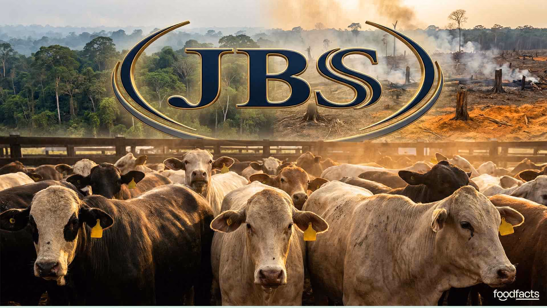Investigative news-style thumbnail showing the official JBS logo looming large over a herd of beef cattle in the foreground, with some animals tagged and crowded together, while behind them a stark contrast landscape shows the Amazon rainforest on one side and a brutally deforested