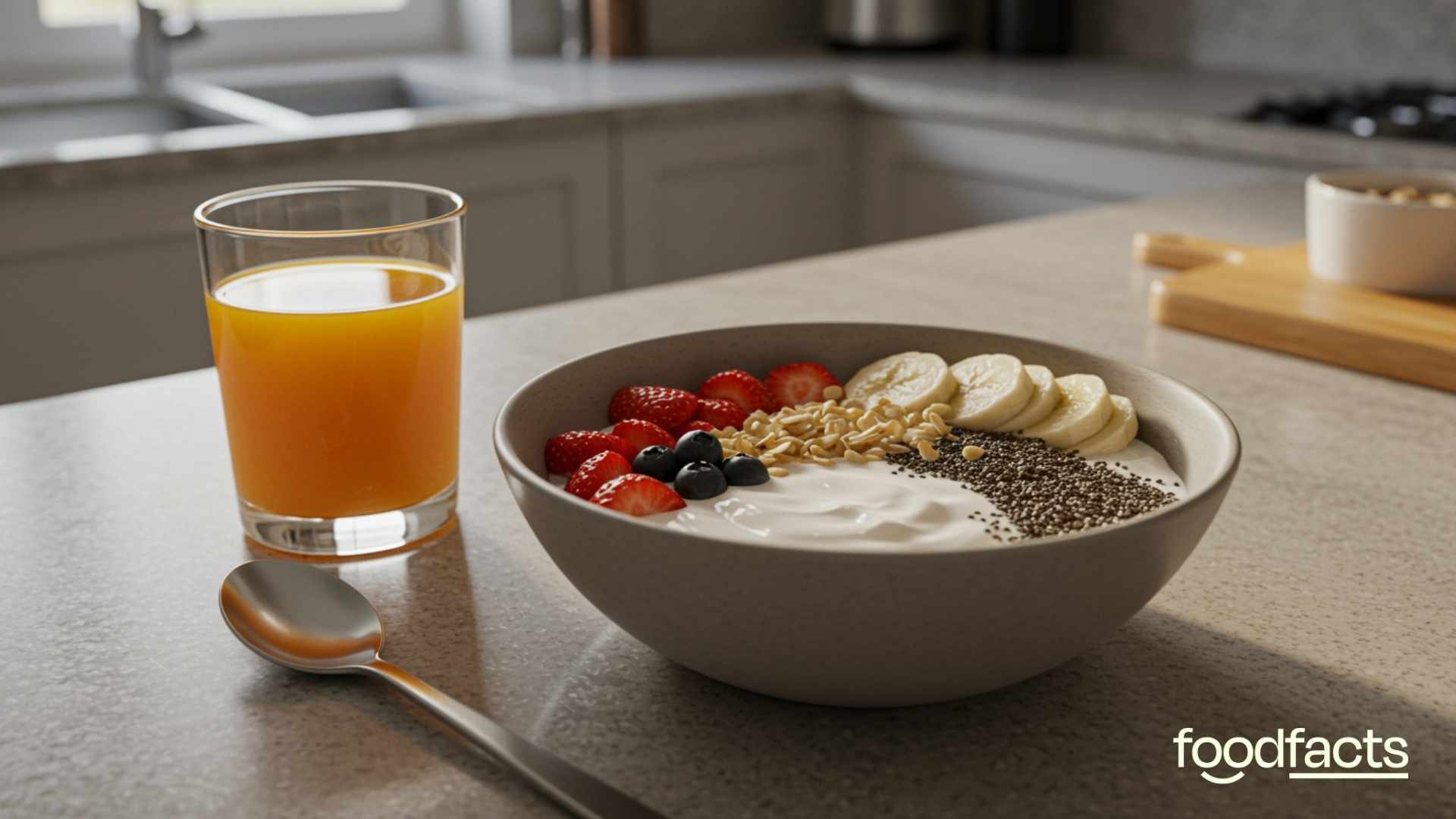 A person holds a bowl of chia seeds, yoghurt, and fruit. This symbolises the fact that many people enjoy this as a breakfast option.