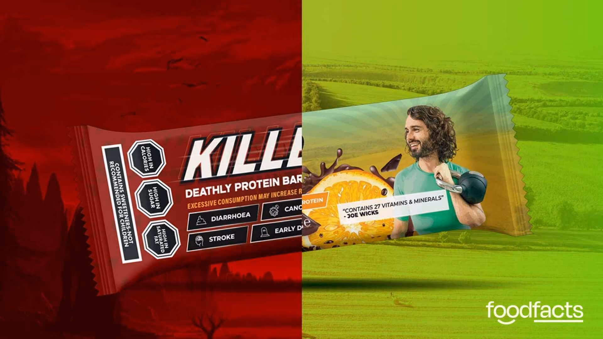 Joe Wicks holds two of his killer bars, one in each hand
