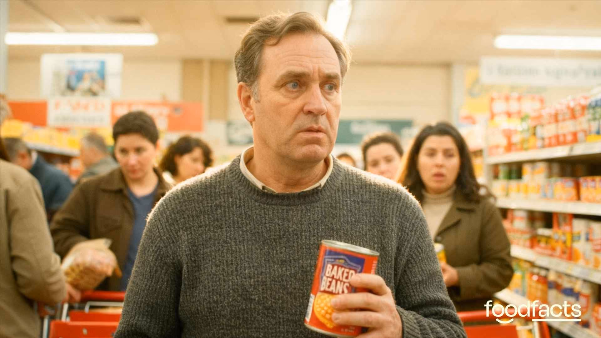 A person holds a tin of baked beans in their hand, looking shocked and confused upon hearing that they may be unhealthy.
