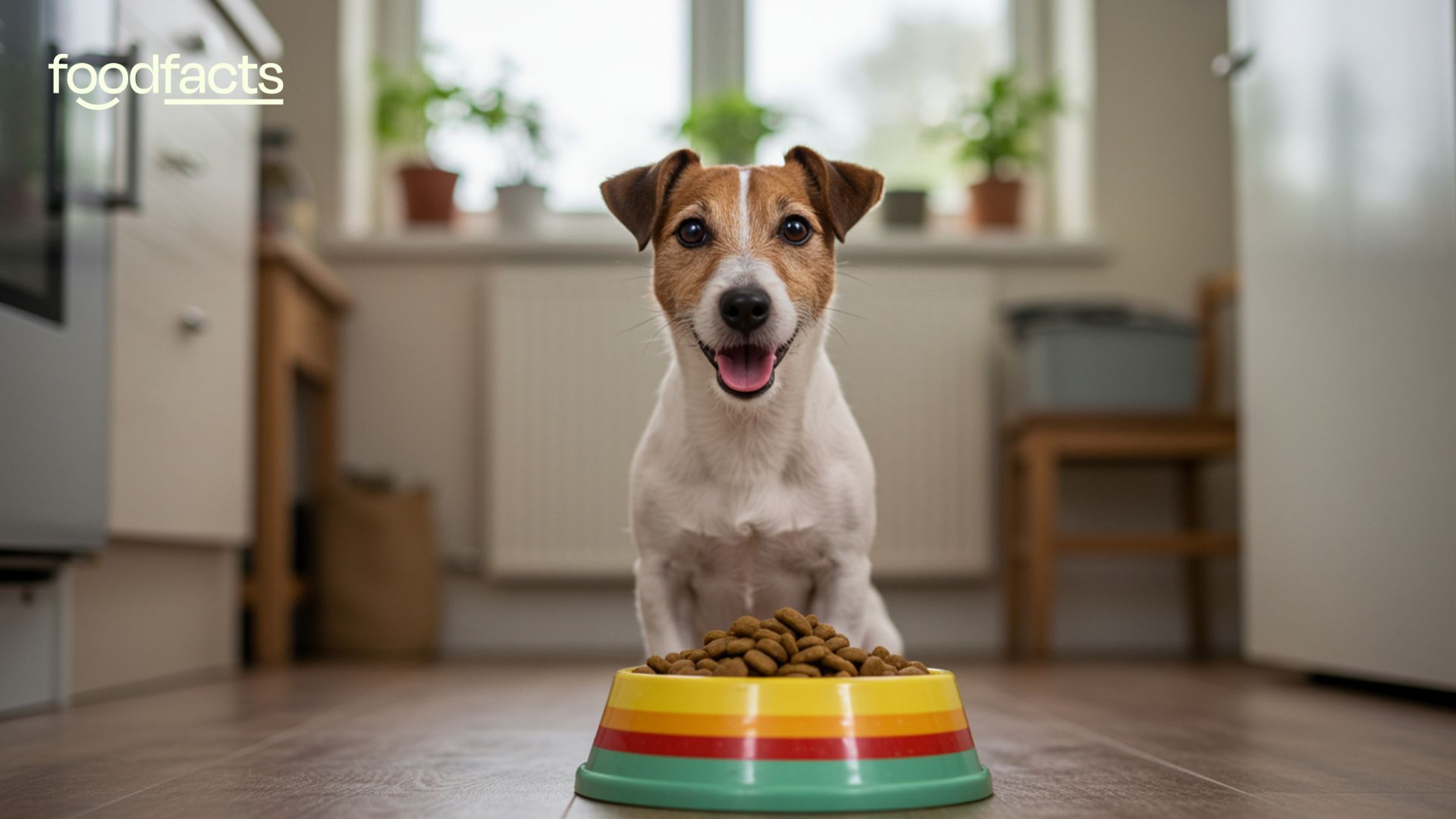 A dog happily stands next to a bowl of sustainable pet food
