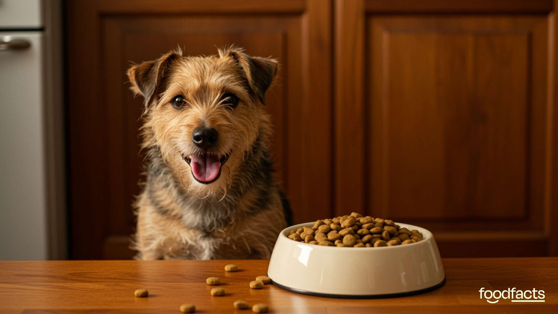 A dog happily stands next to a bowl of sustainable pet food