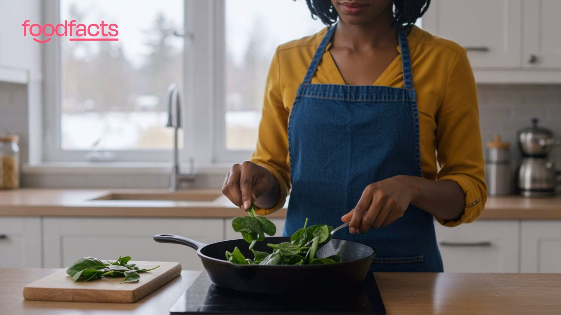 A woman cooks spinach in a cast iron skillet.