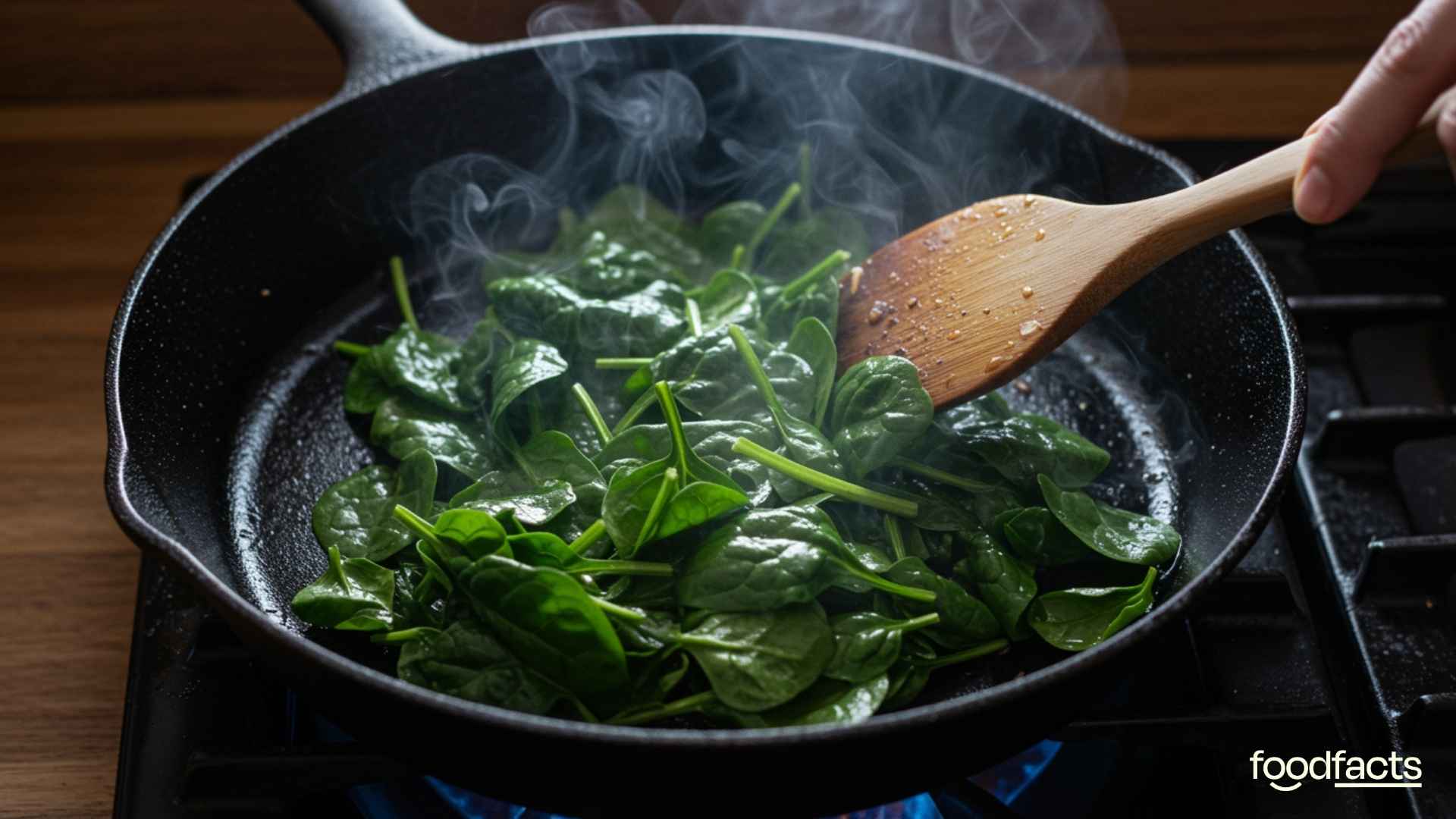 A woman cooks spinach in a cast iron skillet.