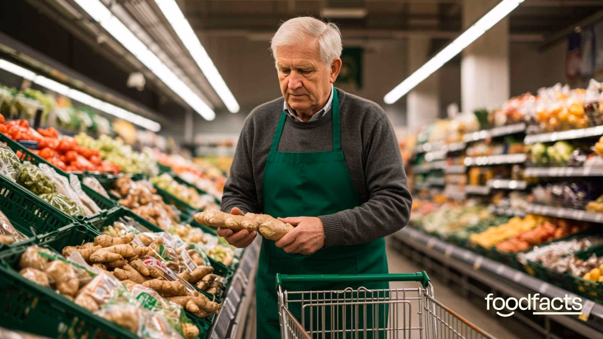 A man holds some ginger in his hands whilst looking unwell.