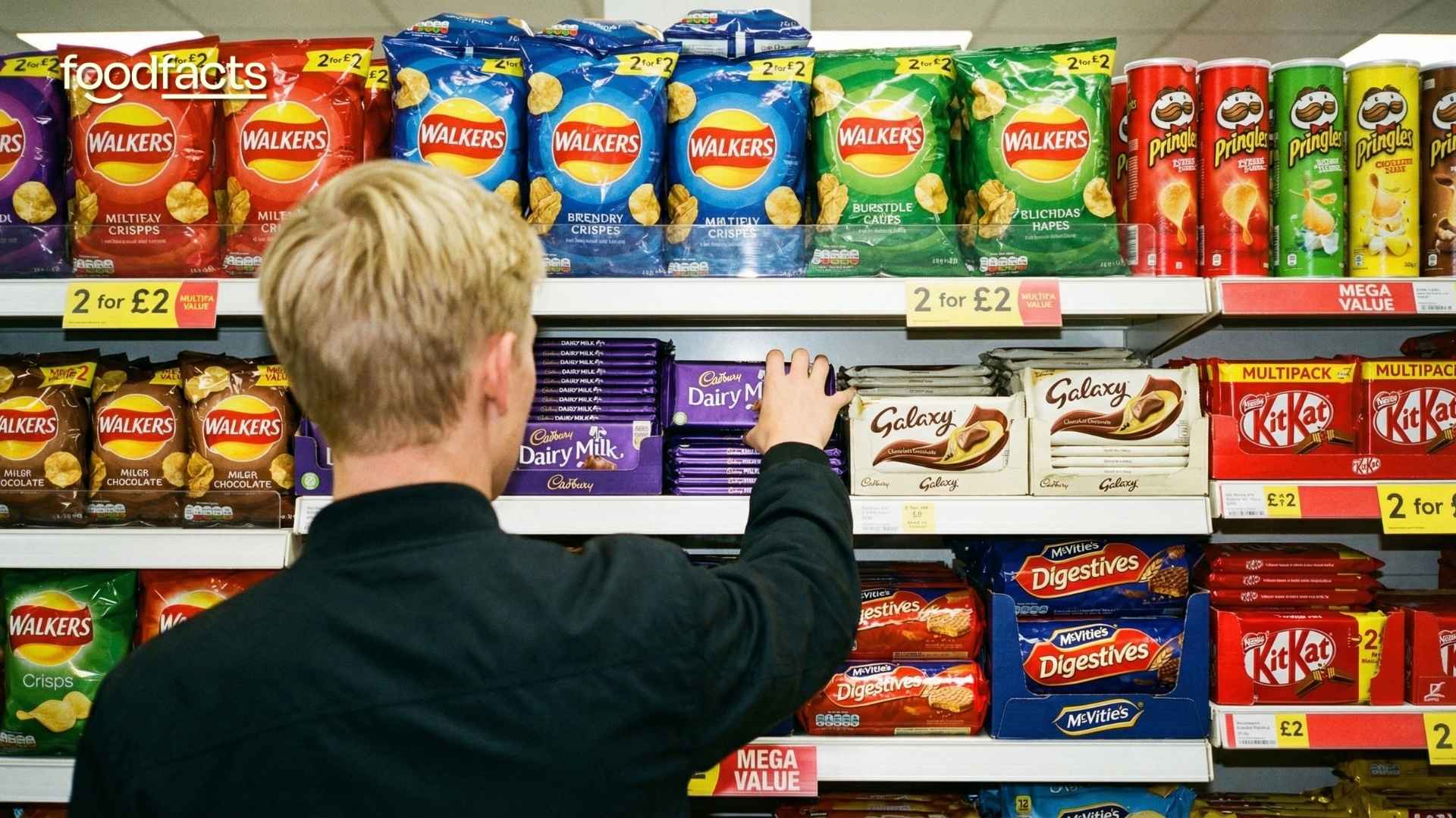 A person reaches out to a grocery shop aisle full of junk food. This symbolizes the limited range of choice consumers have if they want to avoid junk food.
