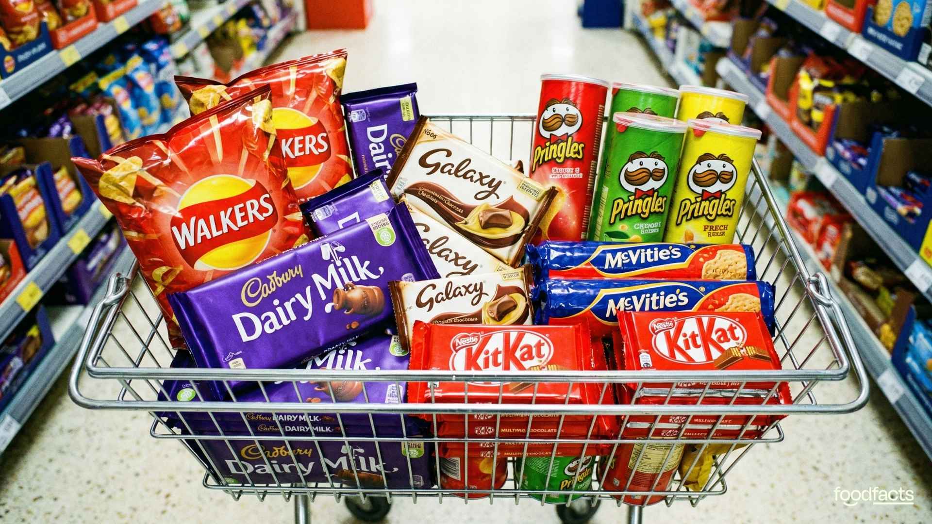 A person reaches out to a grocery shop aisle full of junk food. This symbolizes the limited range of choice consumers have if they want to avoid junk food.