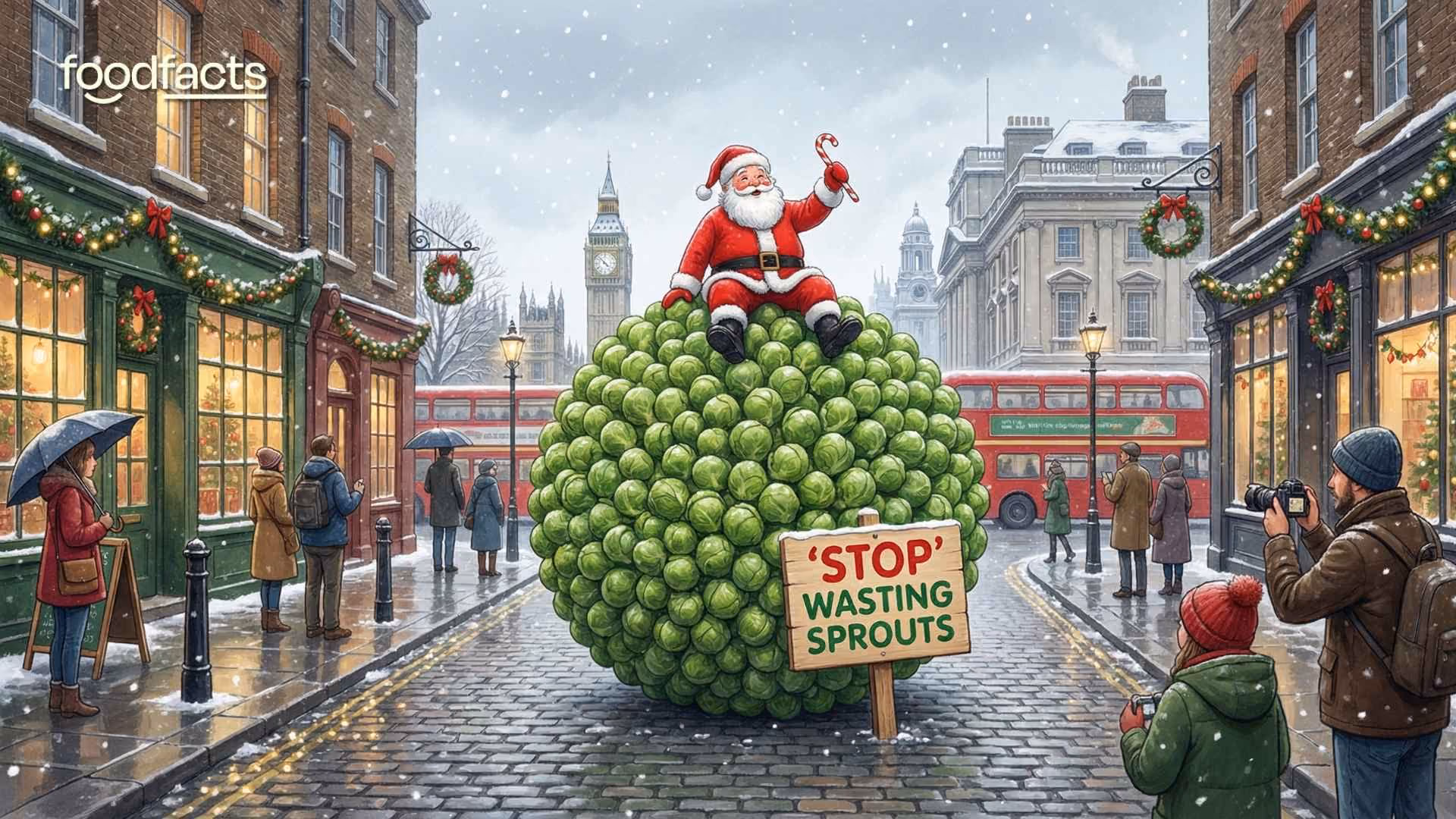 Santa sits on a large pile of Brussels sprouts with a sign that reads 'stop wasting brussels sprouts'