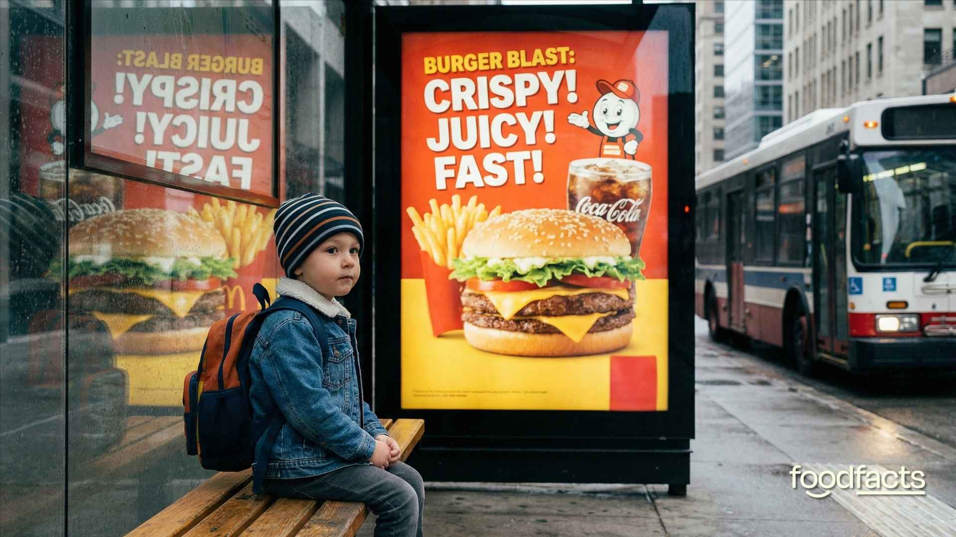 A child sits in front of a television screen. Fast food and junk food items pour out of the screen towards the child.