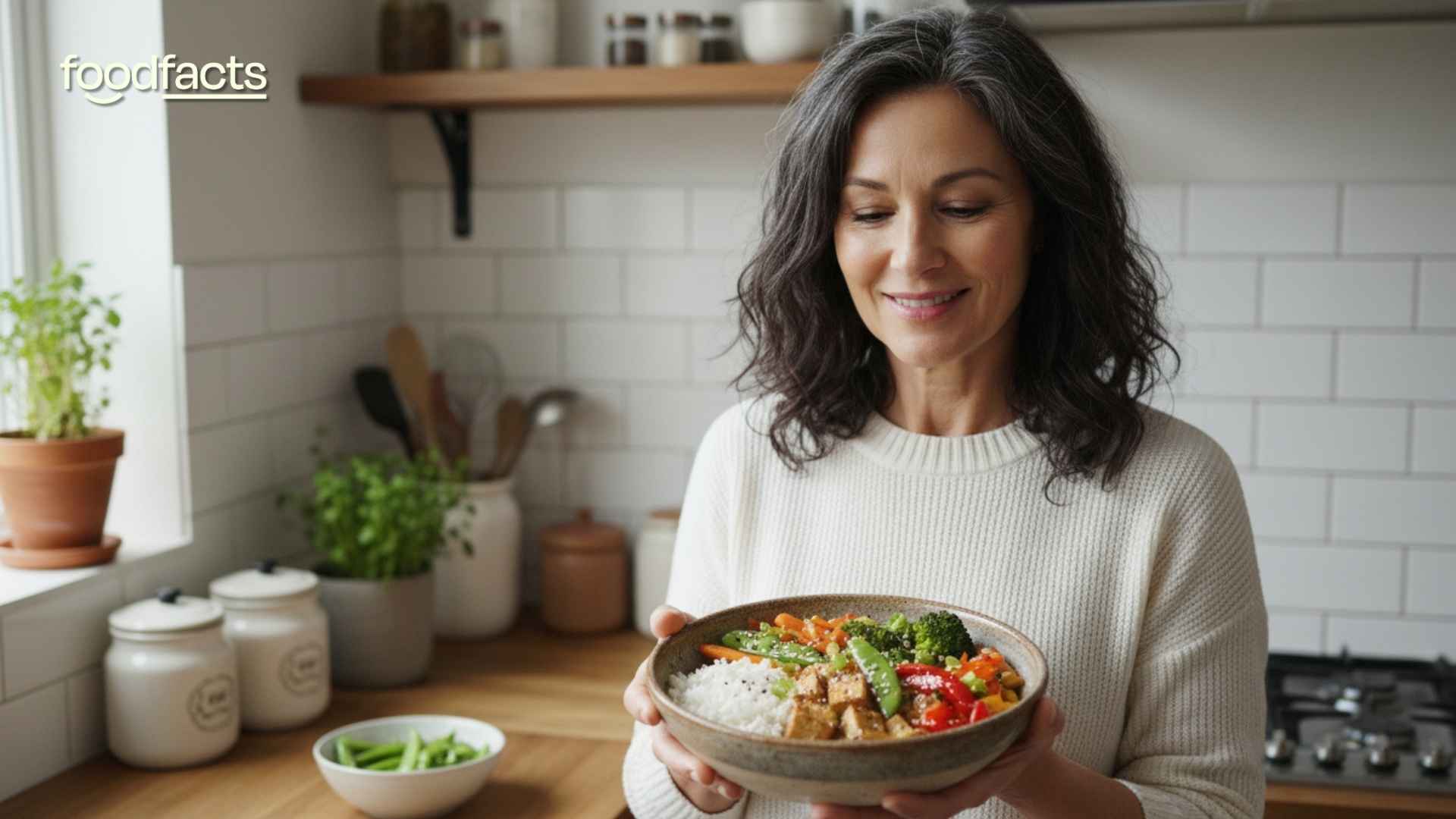 A middle-aged woman holds a bowl of rice, tofu, and vegetables