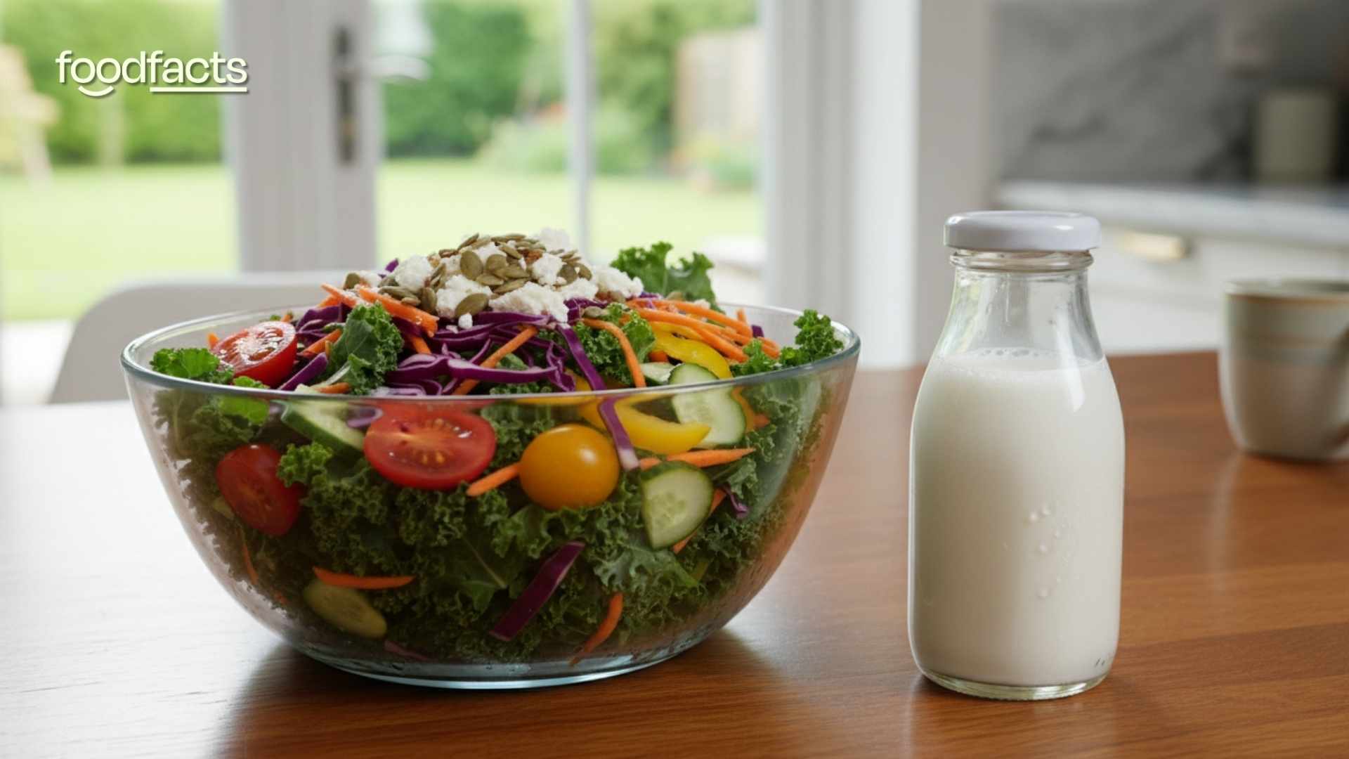 A glass of milk is on a table next to a bowl of salad