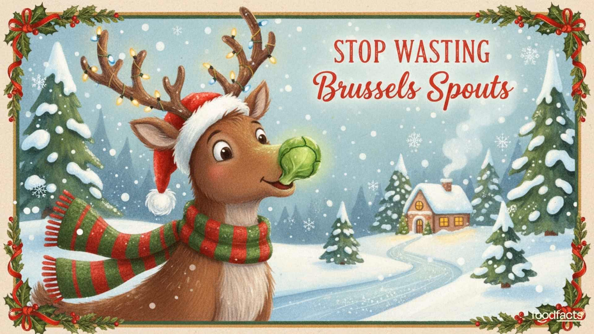 Santa sits on a large pile of Brussels sprouts with a sign that reads 'stop wasting brussels sprouts'