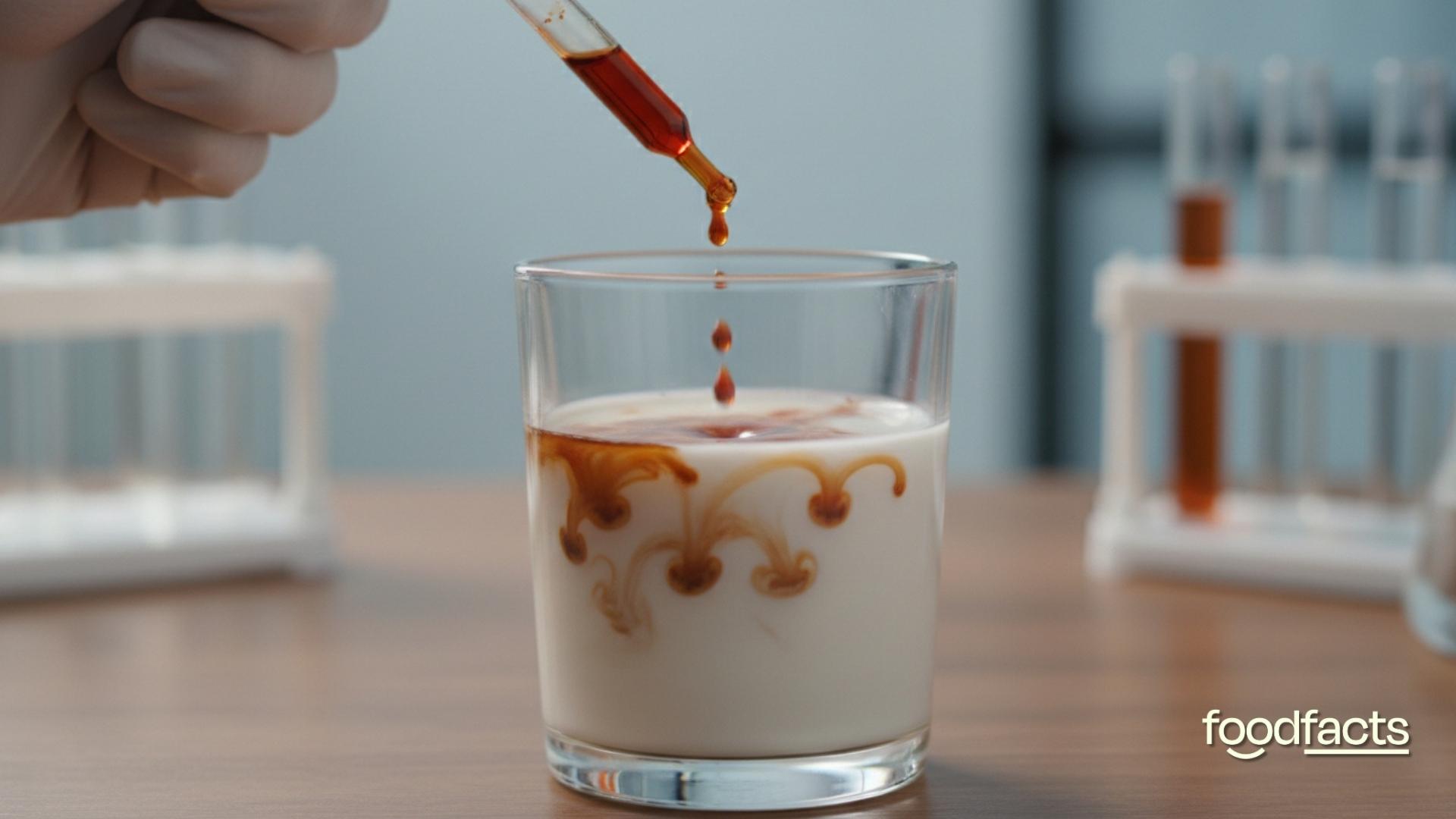 A person places drops of iodine into a glass of milk