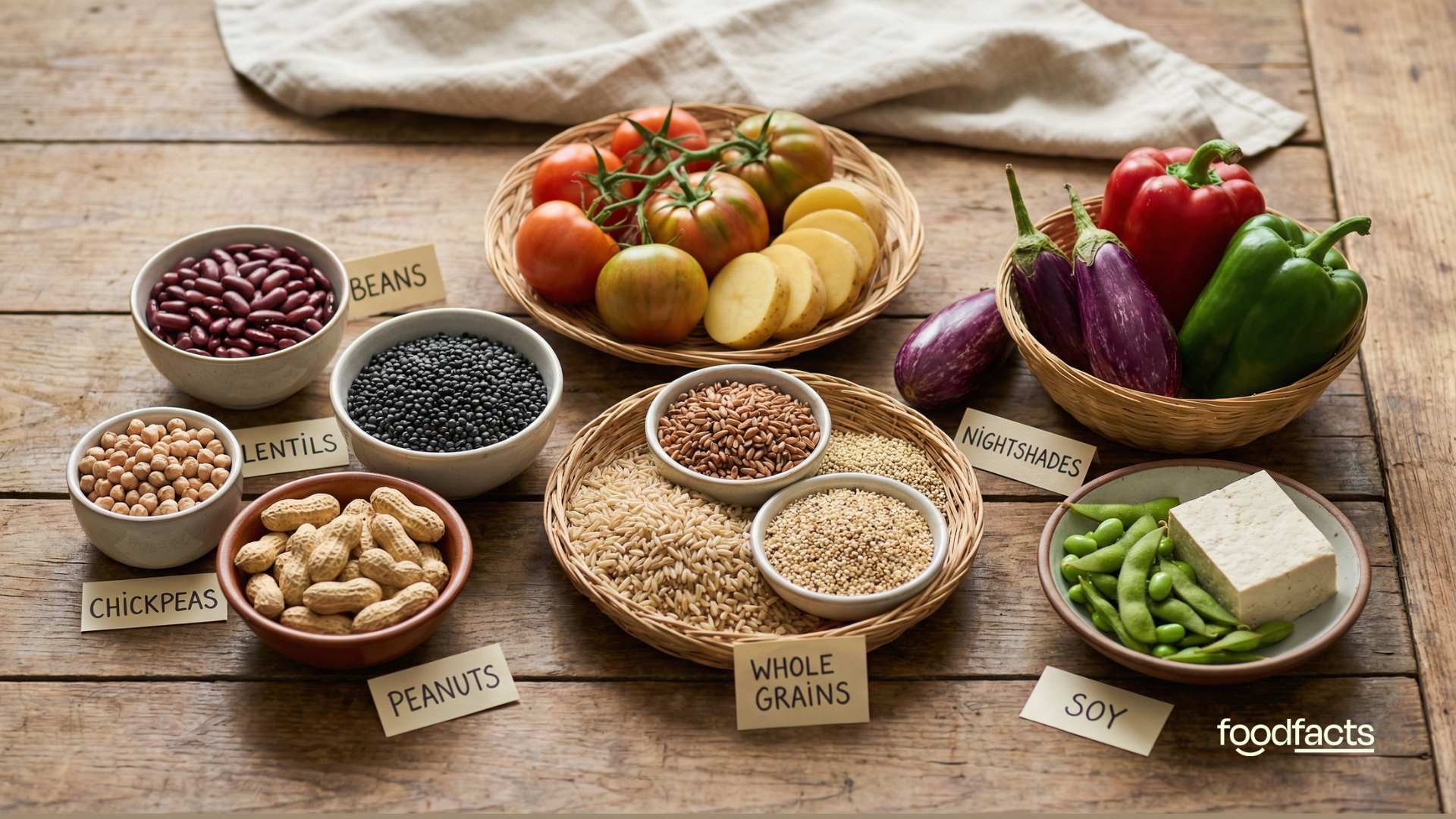 Overhead view of a rustic wooden table displaying various lectin-containing plant foods arranged in bowls and baskets with handwritten labels. From left to right: a white ceramic bowl of dark red kidney beans labeled 'BEANS'; a bowl of tan-colored lentils labeled 'LENTILS'; a bowl of small beige chickpeas labeled 'CHICKPEAS'; a terracotta dish of unshelled peanuts labeled 'PEANUTS'; and a bowl of black beans or black lentils. In the center, a large wicker basket contains fresh heirloom tomatoes and sliced yellow potatoes. To the right, another wicker basket labeled 'NIGHTSHADES' holds purple eggplants, a red bell pepper, and a green bell pepper. In front, a wicker tray displays various whole grains including brown rice, flaxseeds, and quinoa in small white bowls, labeled 'WHOLE GRAINS'. At the bottom right, a plate with fresh edamame pods and a block of tofu is labeled 'SOY'. A cream-colored linen cloth is draped at the top of the composition. The 'foodfacts' logo appears in white text in the bottom right corner.