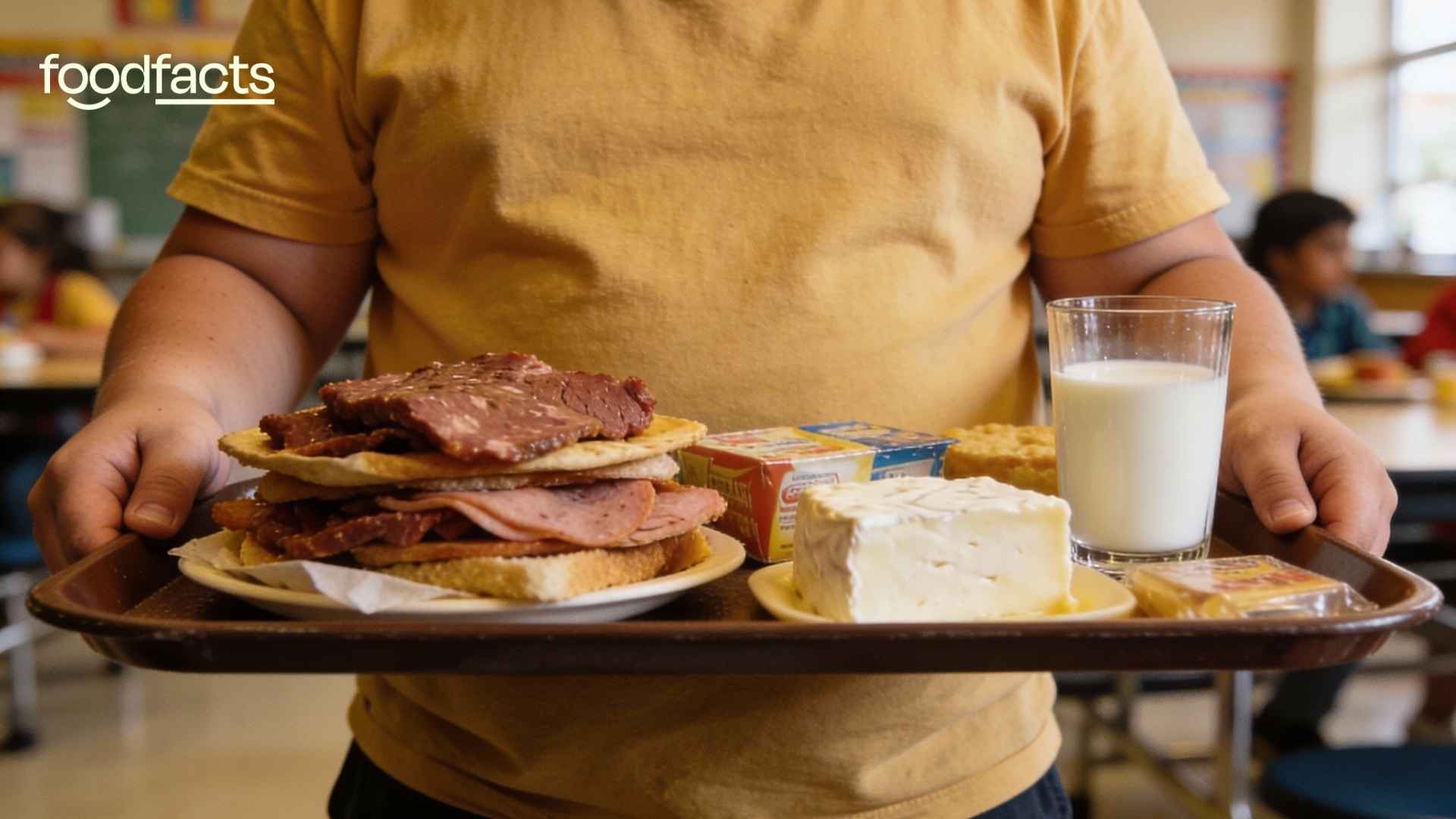 An overweight school child holds a lunch tray full of meat and dairy