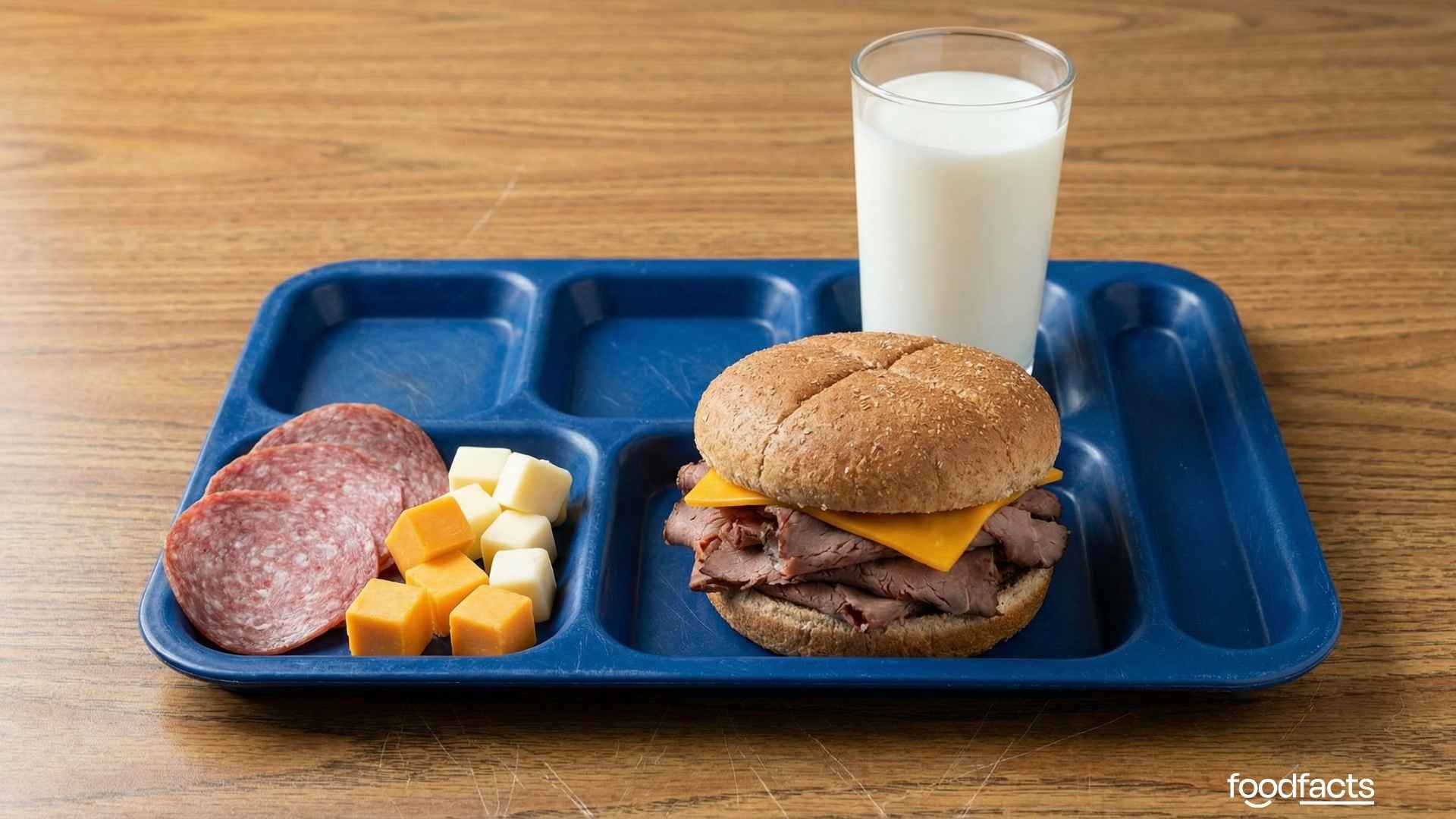 An overweight school child holds a lunch tray full of meat and dairy