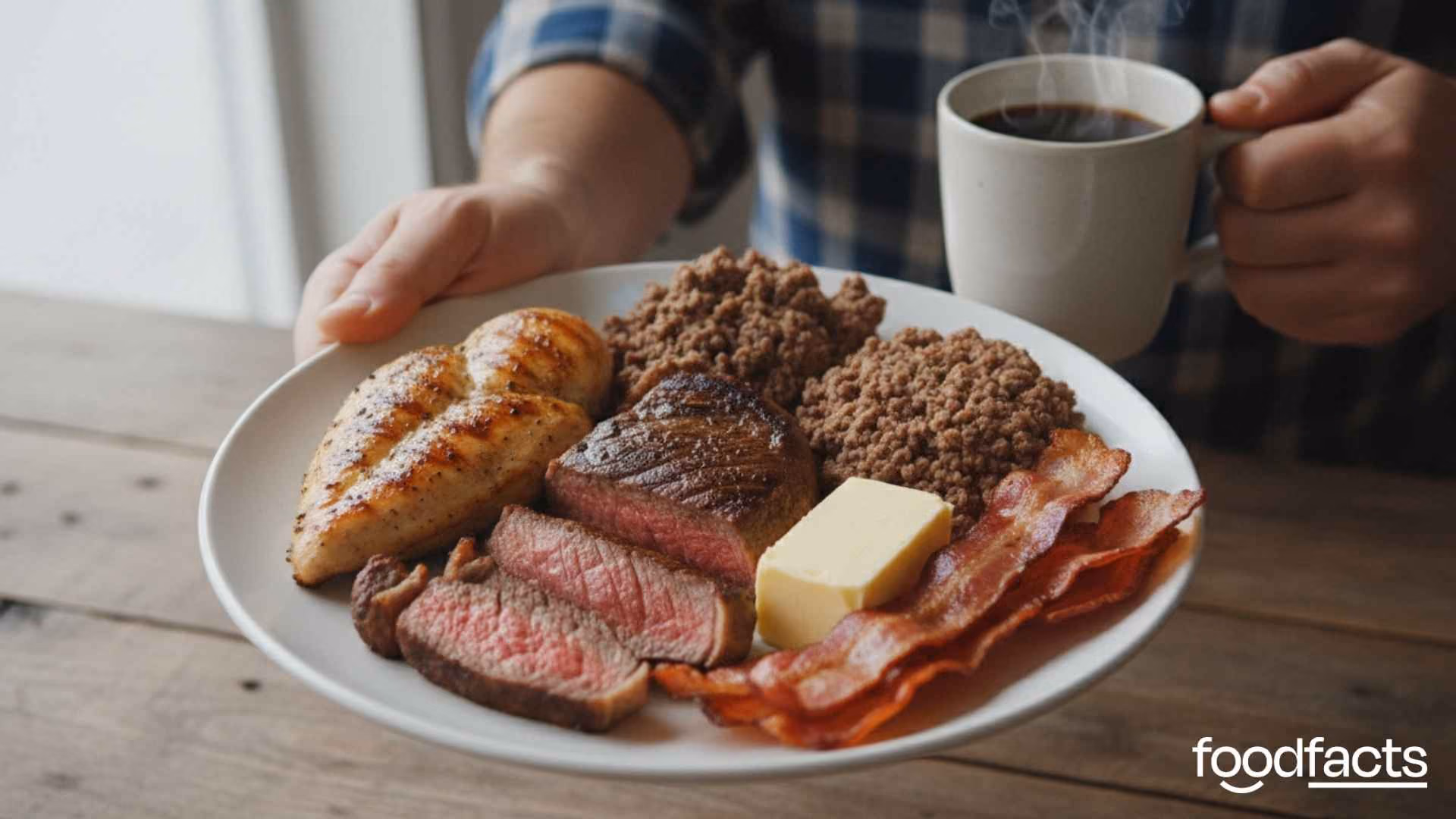 A man sits on a large piles of steaks