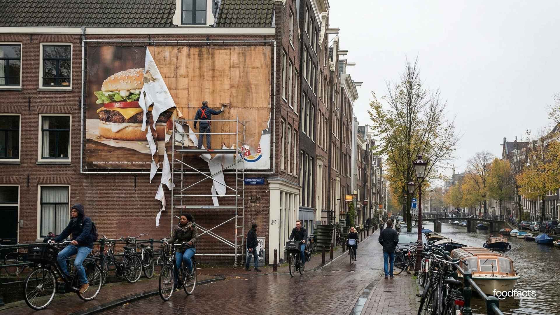 A person removes a meat advert from a street in Amsterdam
