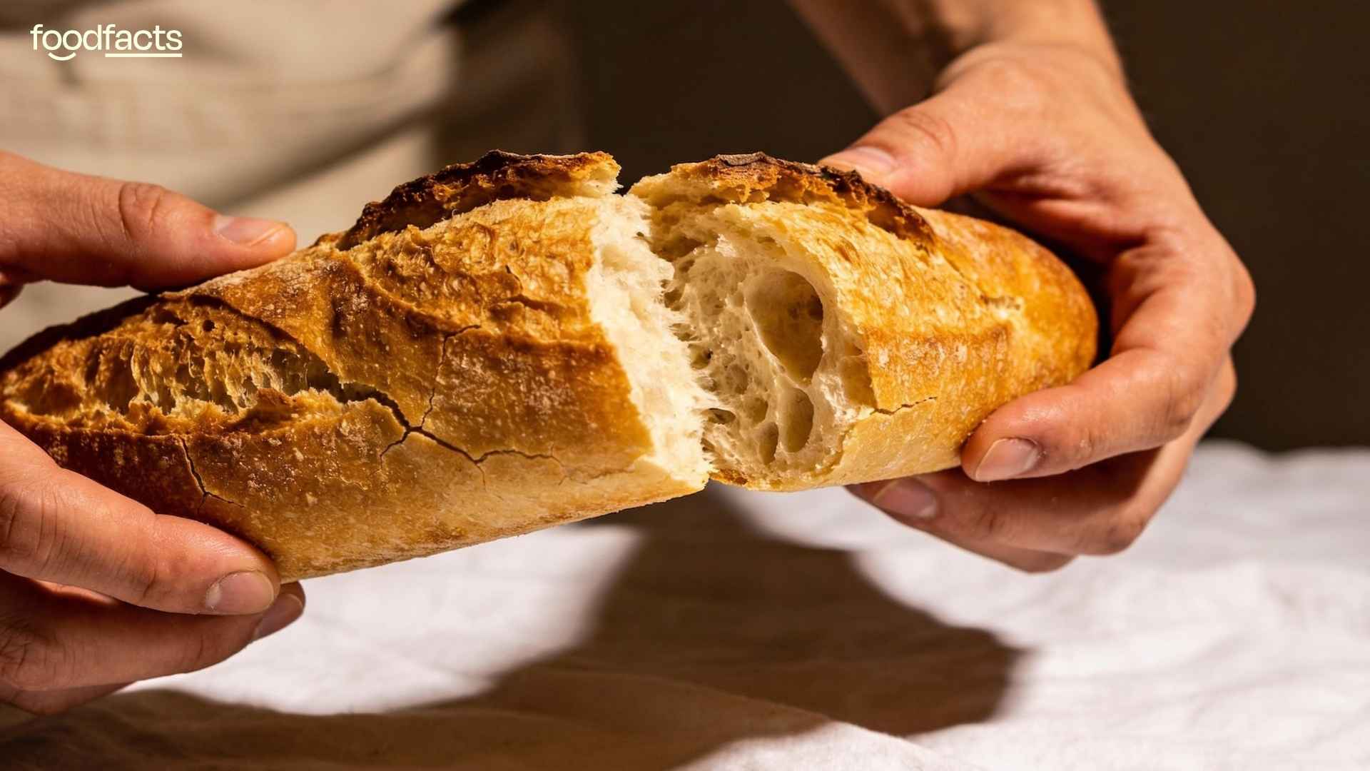 A person holds a fresh baguette