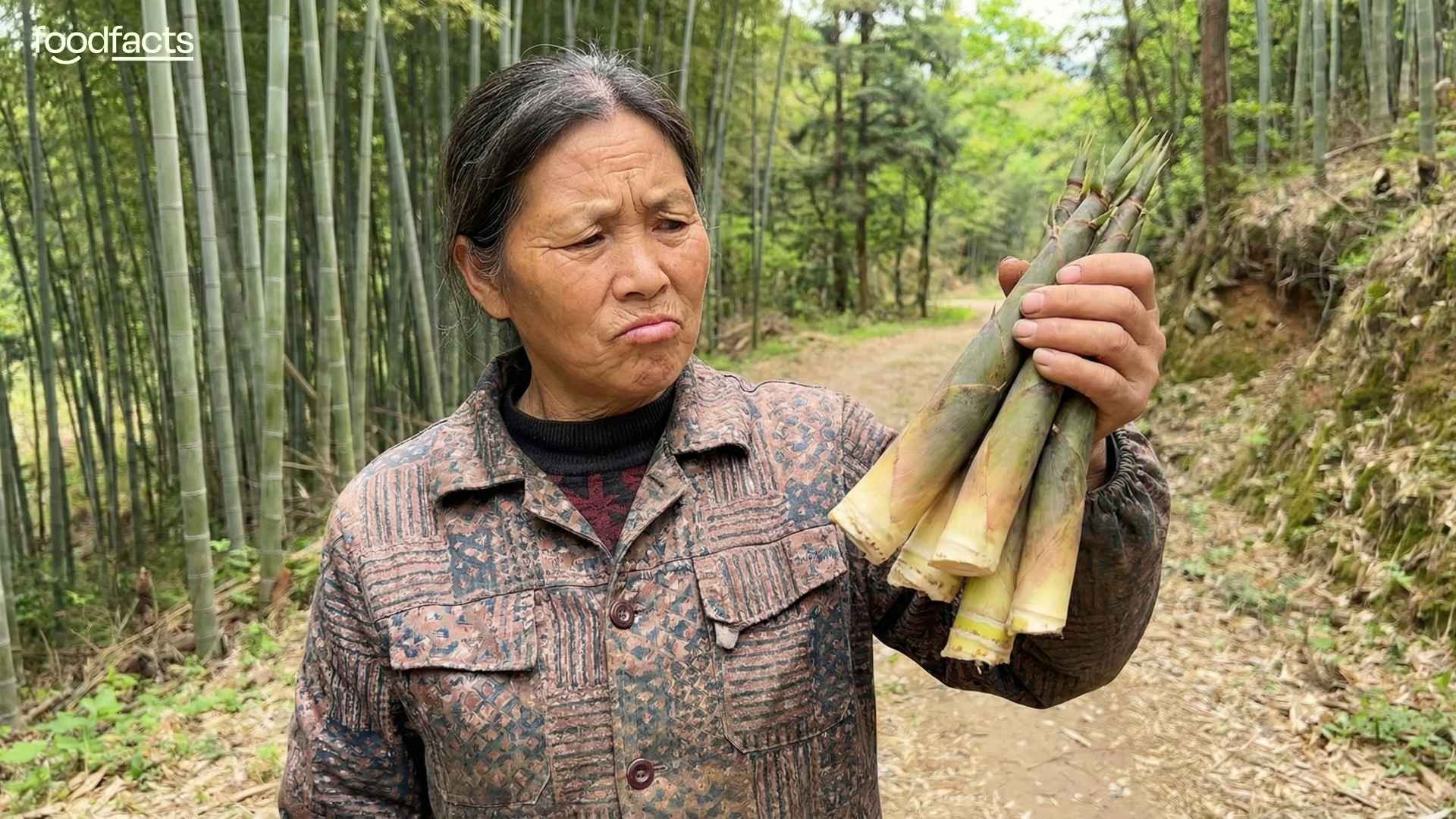A woman holds freshly harvested bamboo shoots in her hand