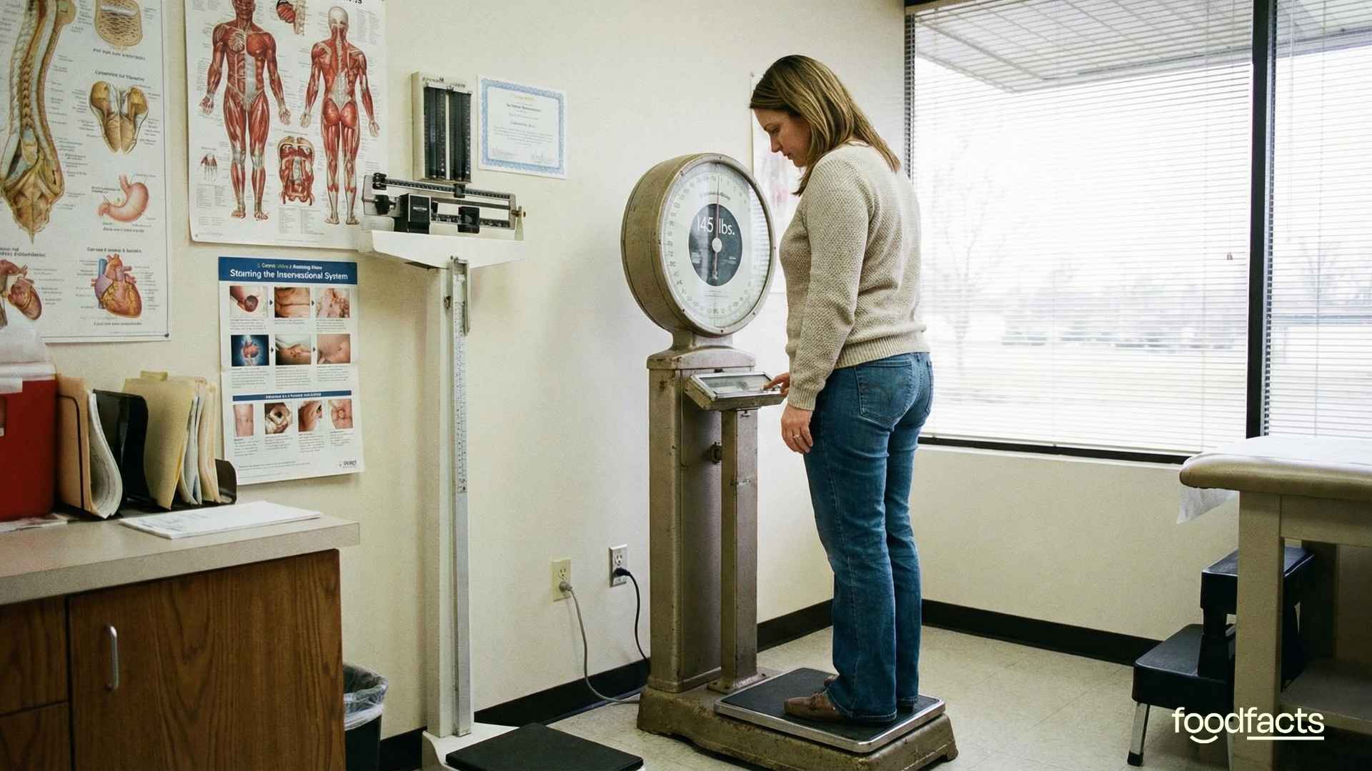 A person stands on a weight scale in a doctors office