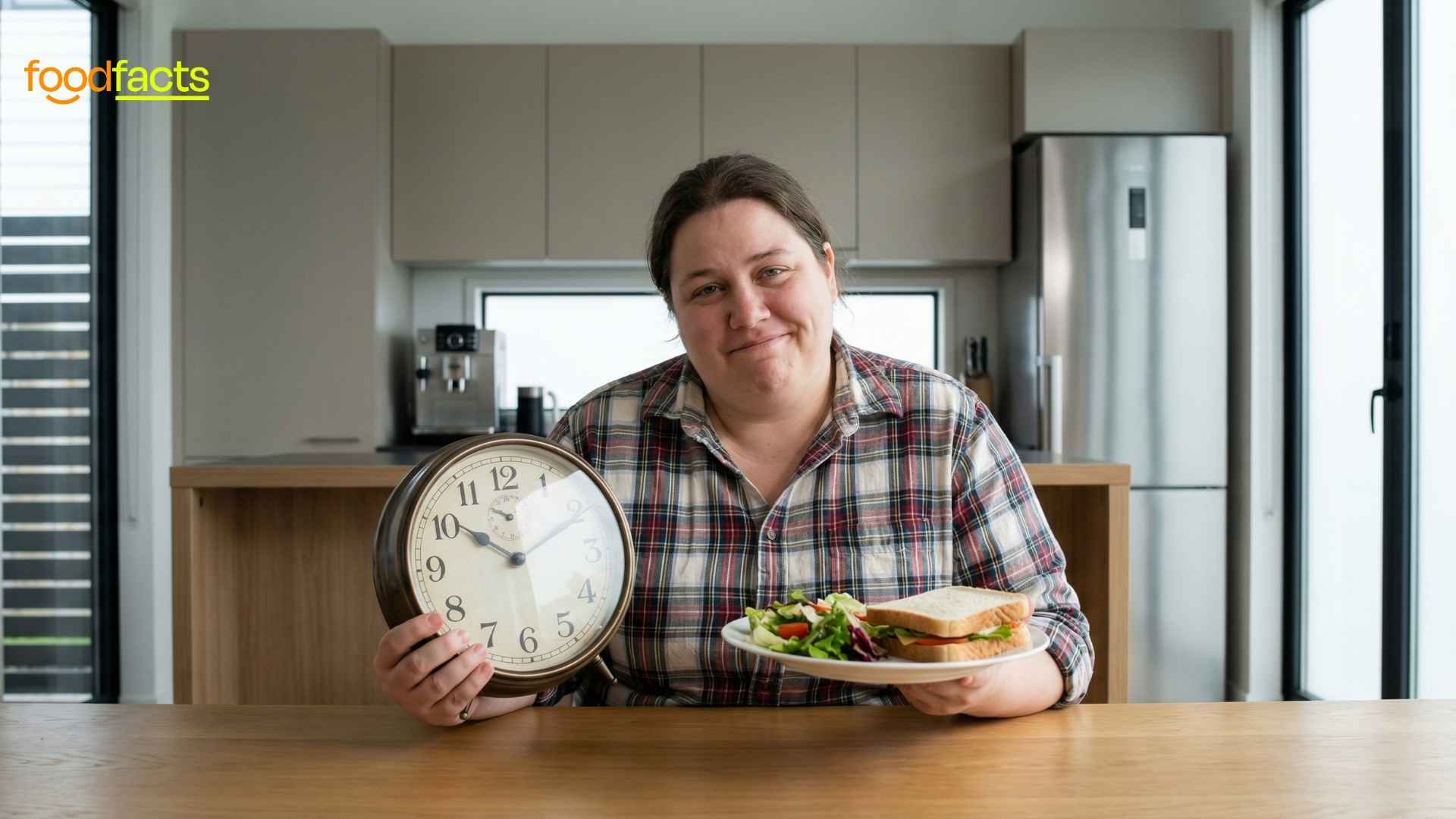 A person holds a plate of food in one hand and a clock in the other hand