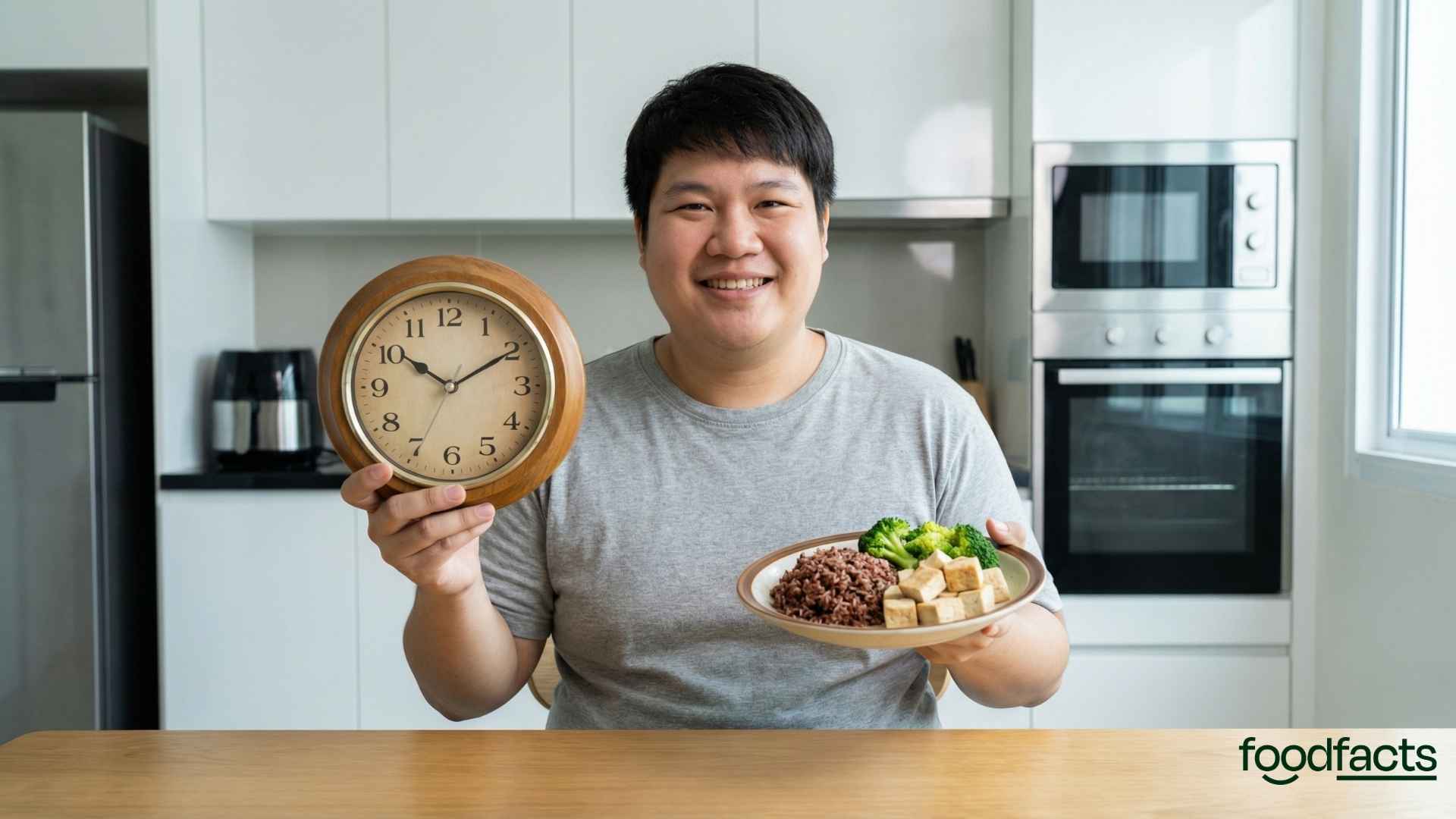 A person holds a plate of food in one hand and a clock in the other hand