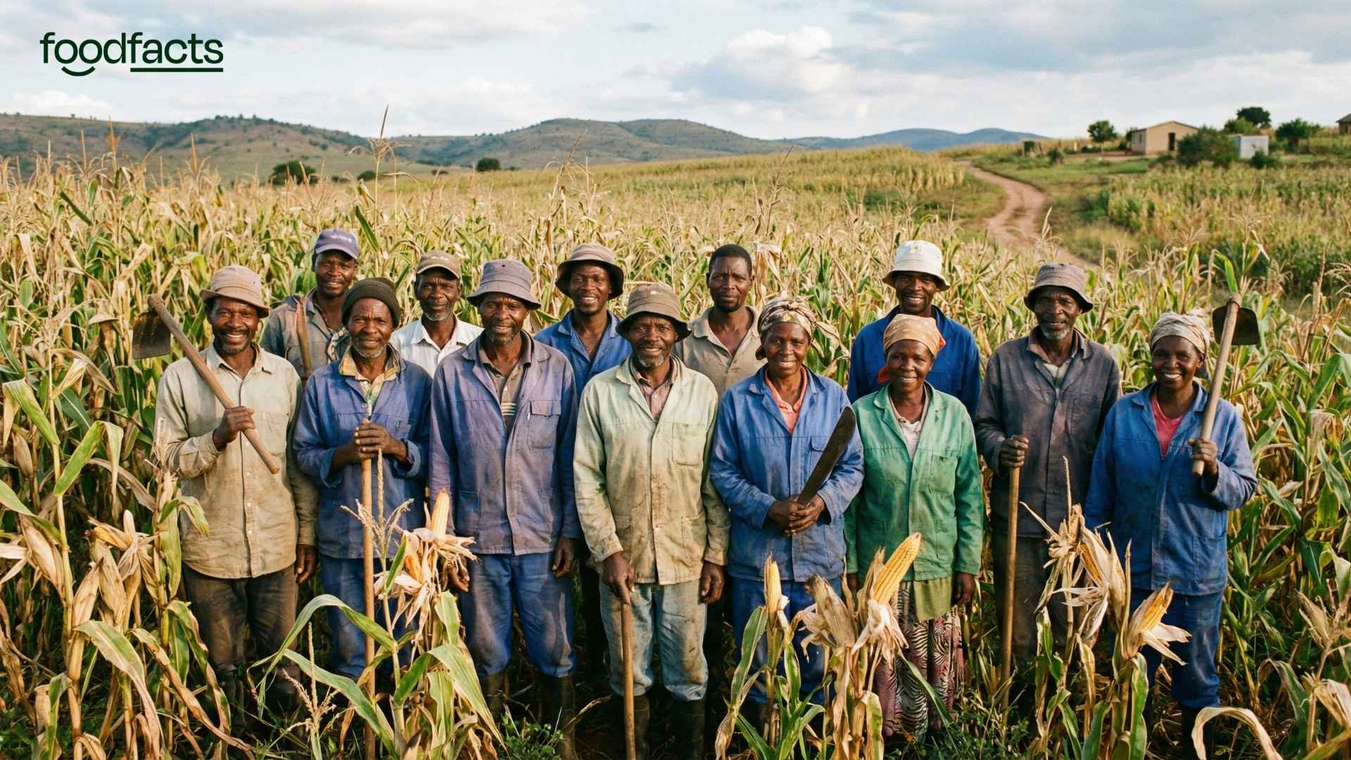 A group of small-scale farmers stand together in a field