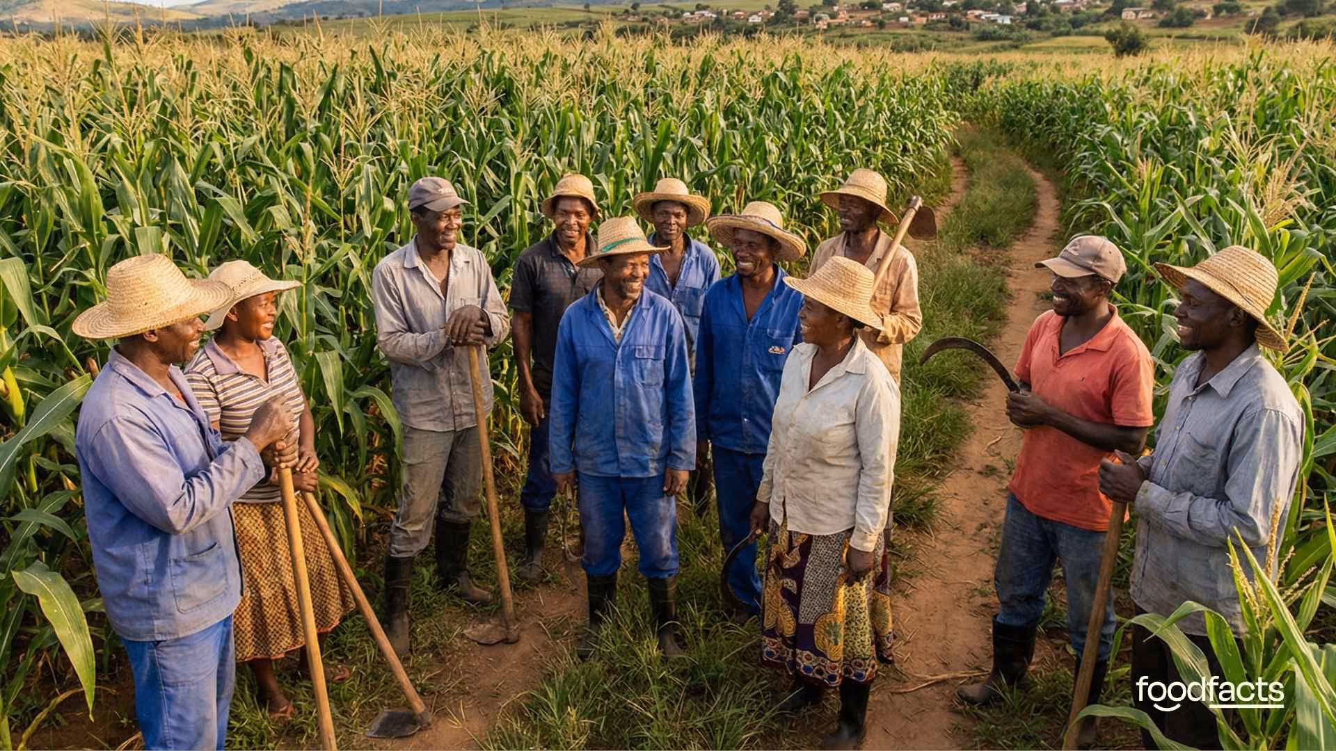 A group of small-scale farmers stand together in a field