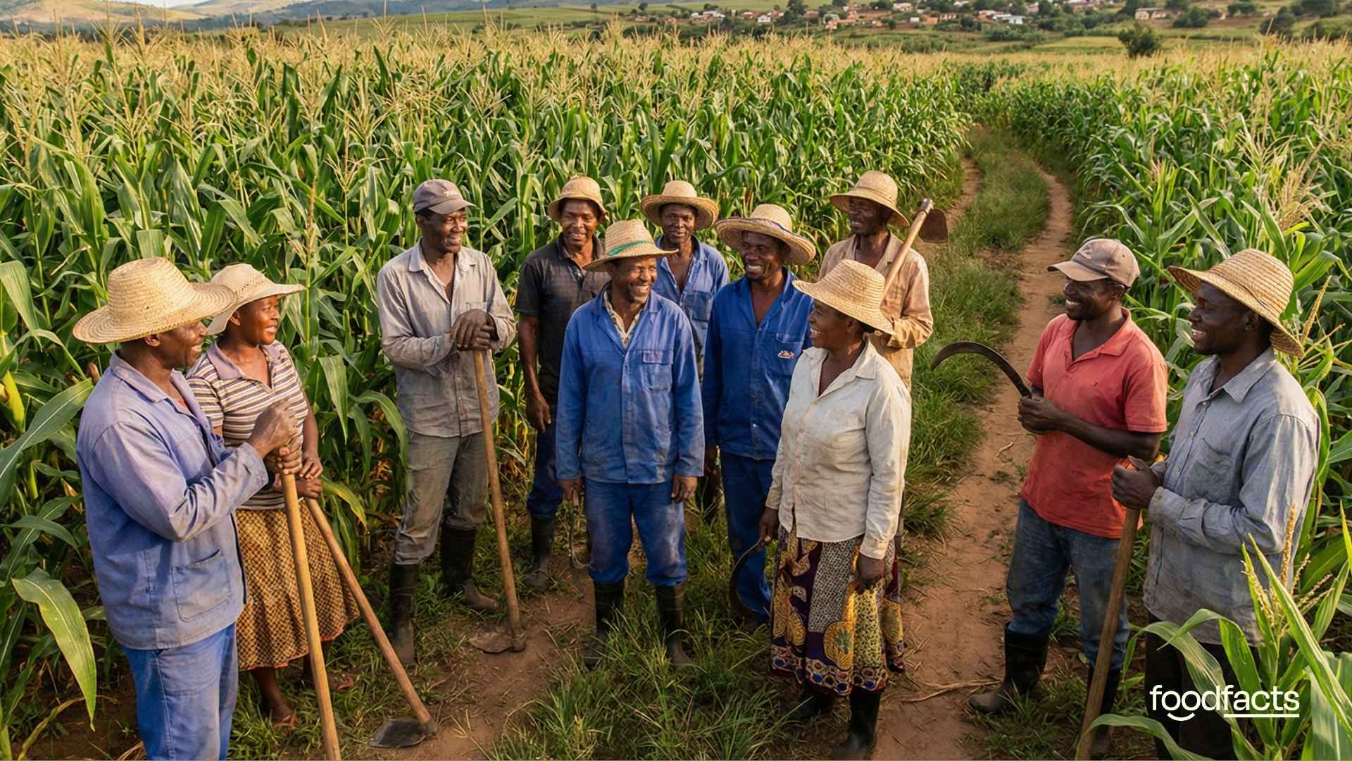A group of small-scale farmers stand together in a field