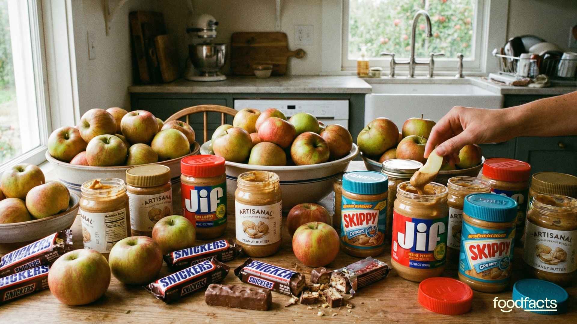 A person holds an apple in one hand and a snickers bar in the other