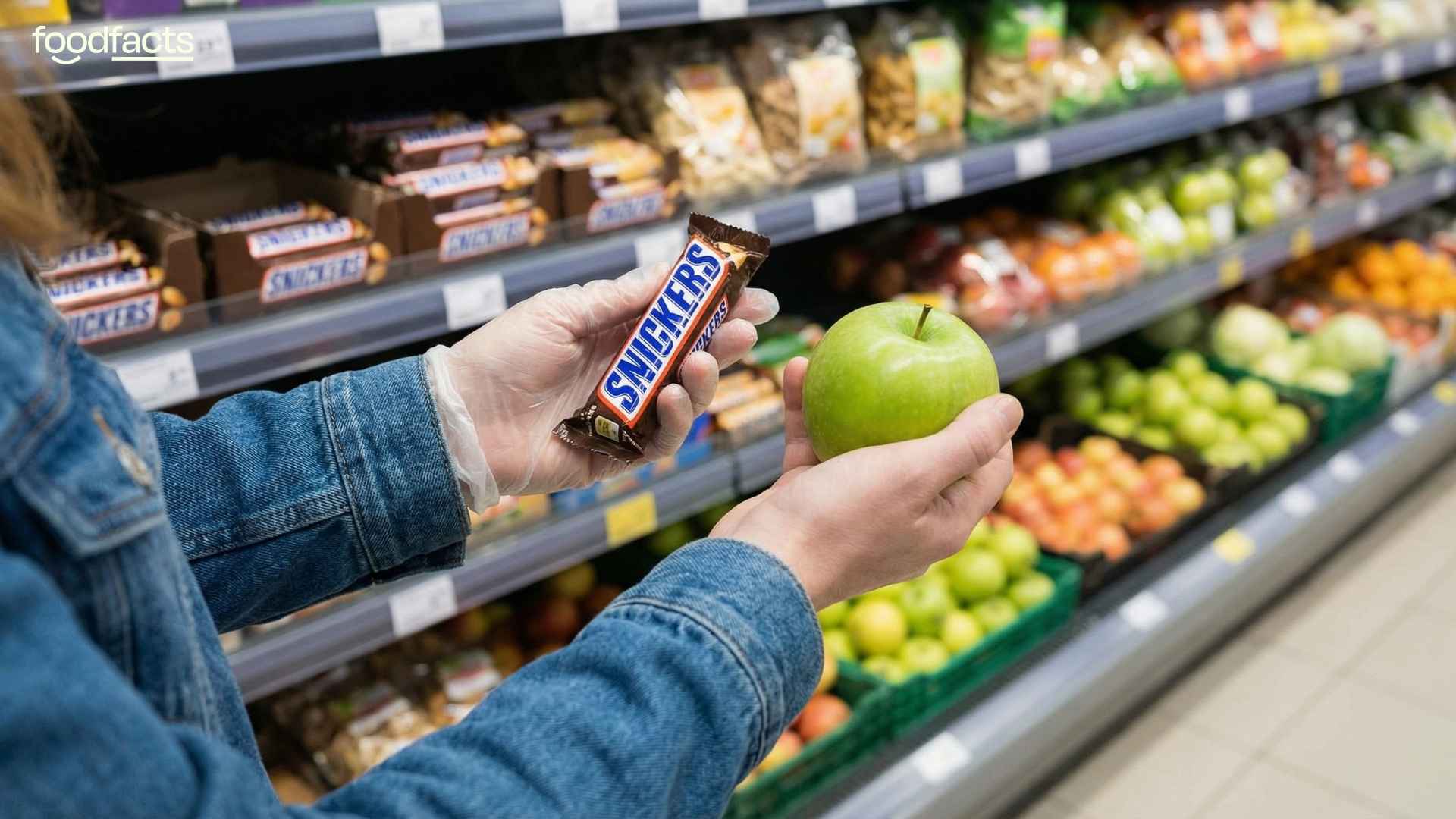 A person holds an apple in one hand and a snickers bar in the other
