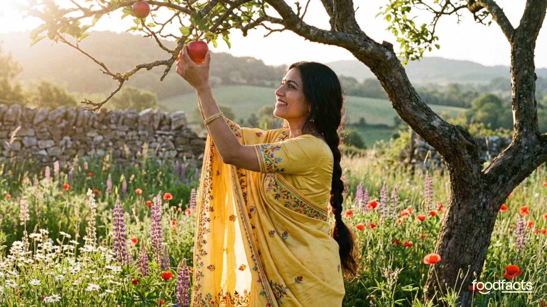 A person reaches up and takes an apple from an apple tree
