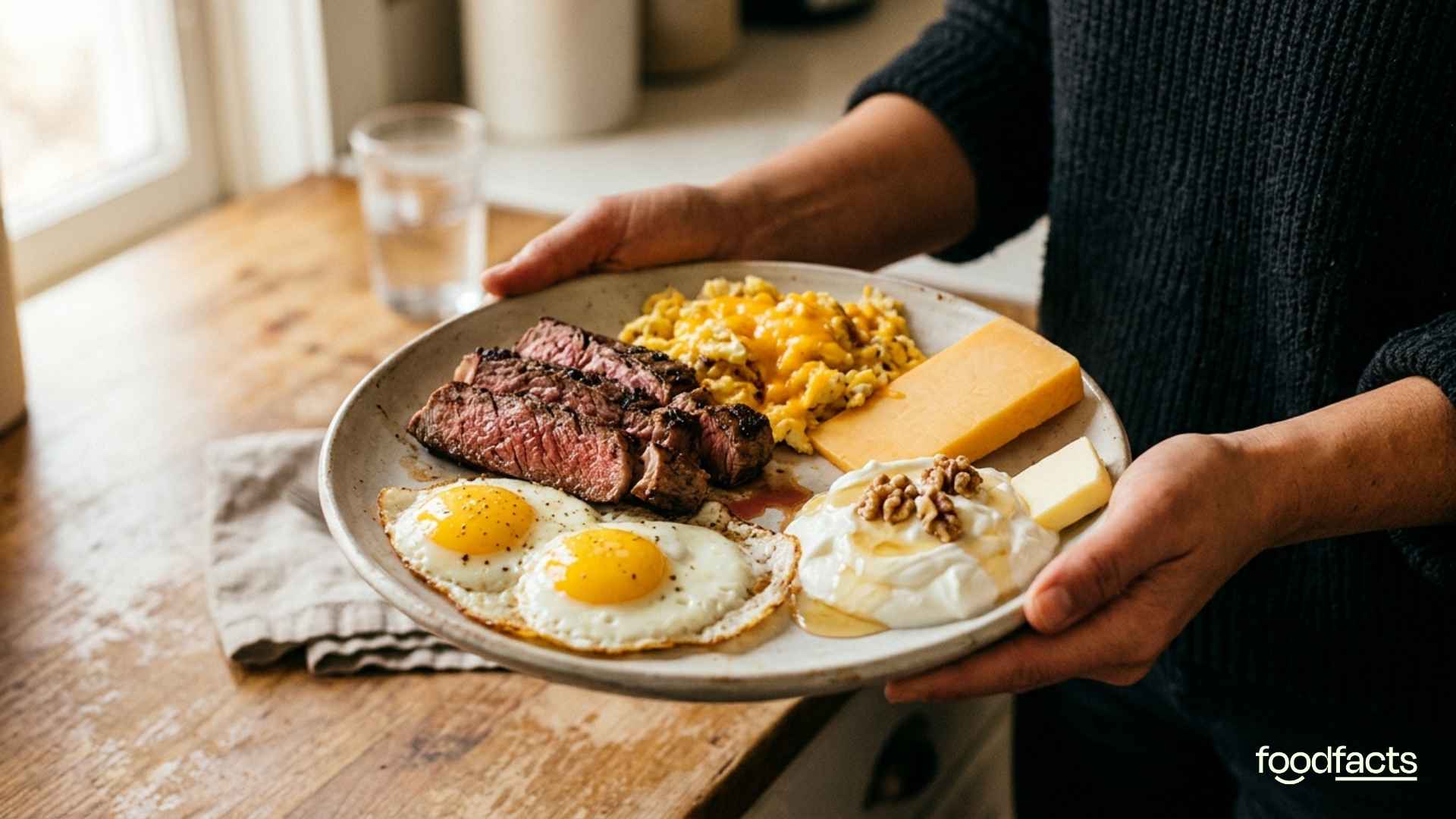A person holds a plate full of meats and dairy high in saturated fats