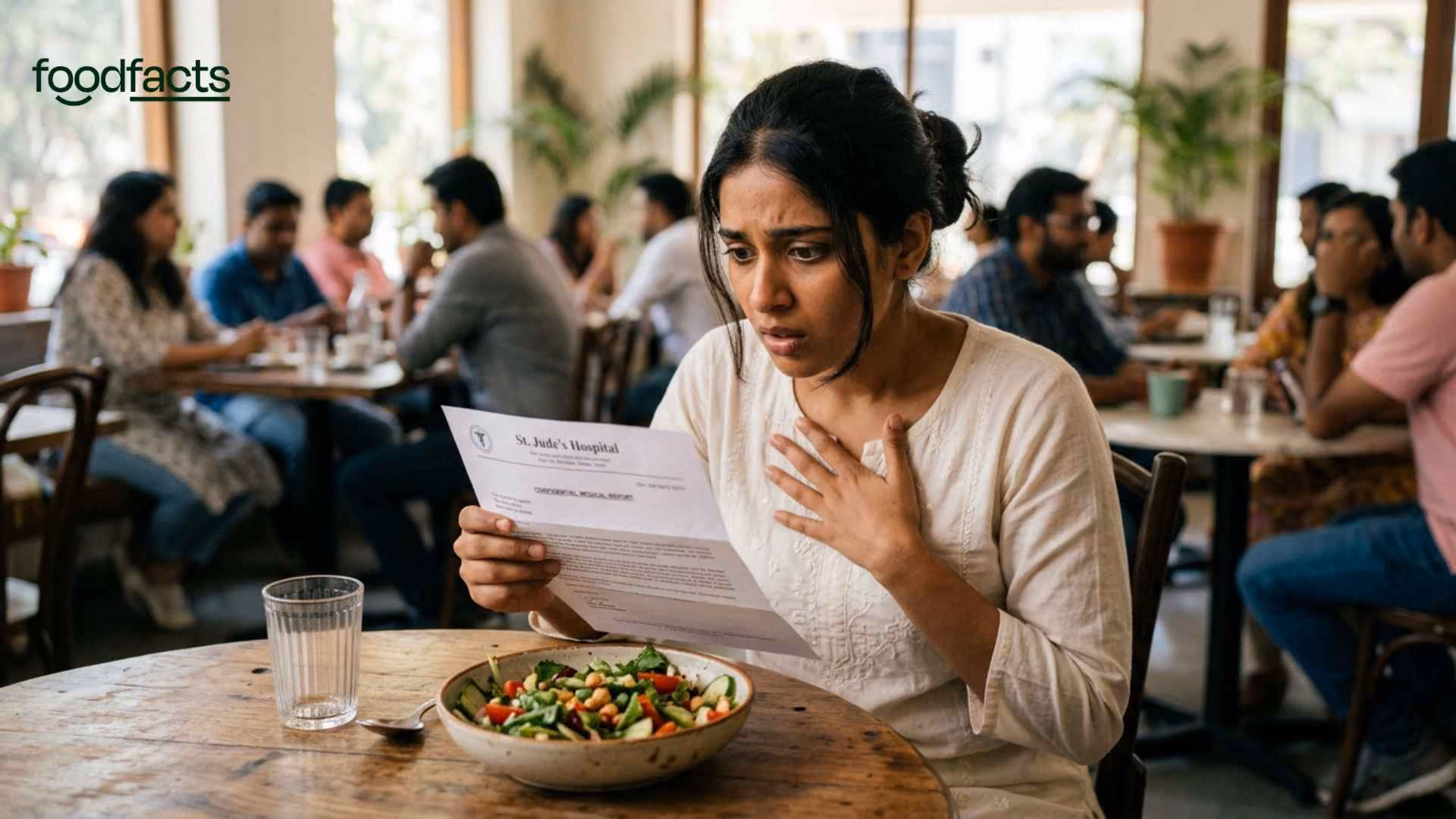 A person eating a salad reads the results of their cancer diagnosis