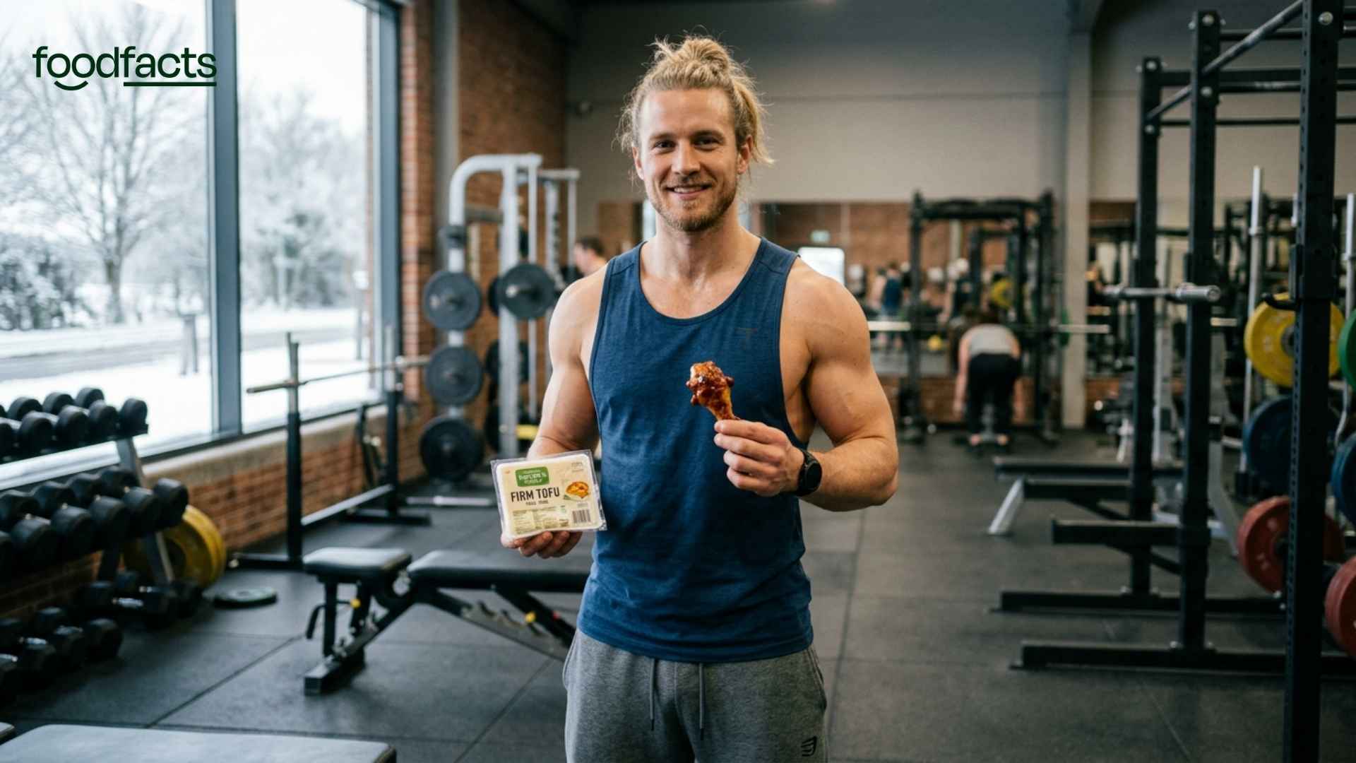 A strong person in a gym holds a block of plant based protein in one hand, and a chicken wing in the other hand