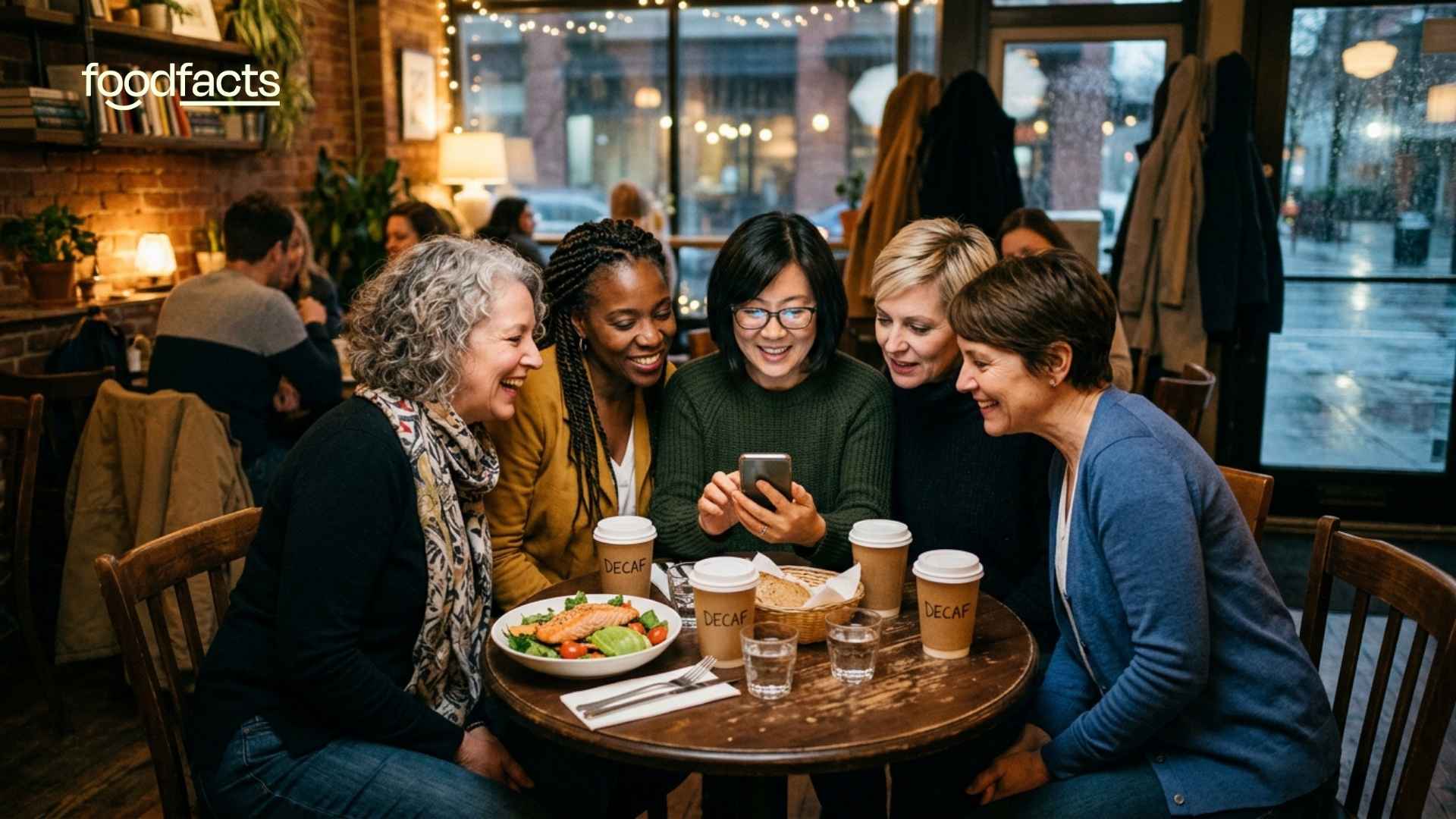 A group of middle-aged woman sit in a group looking at a phone for information about the menopause