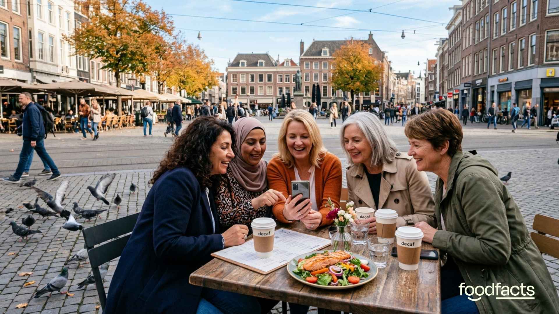 A group of middle-aged woman sit in a group looking at a phone for information about the menopause