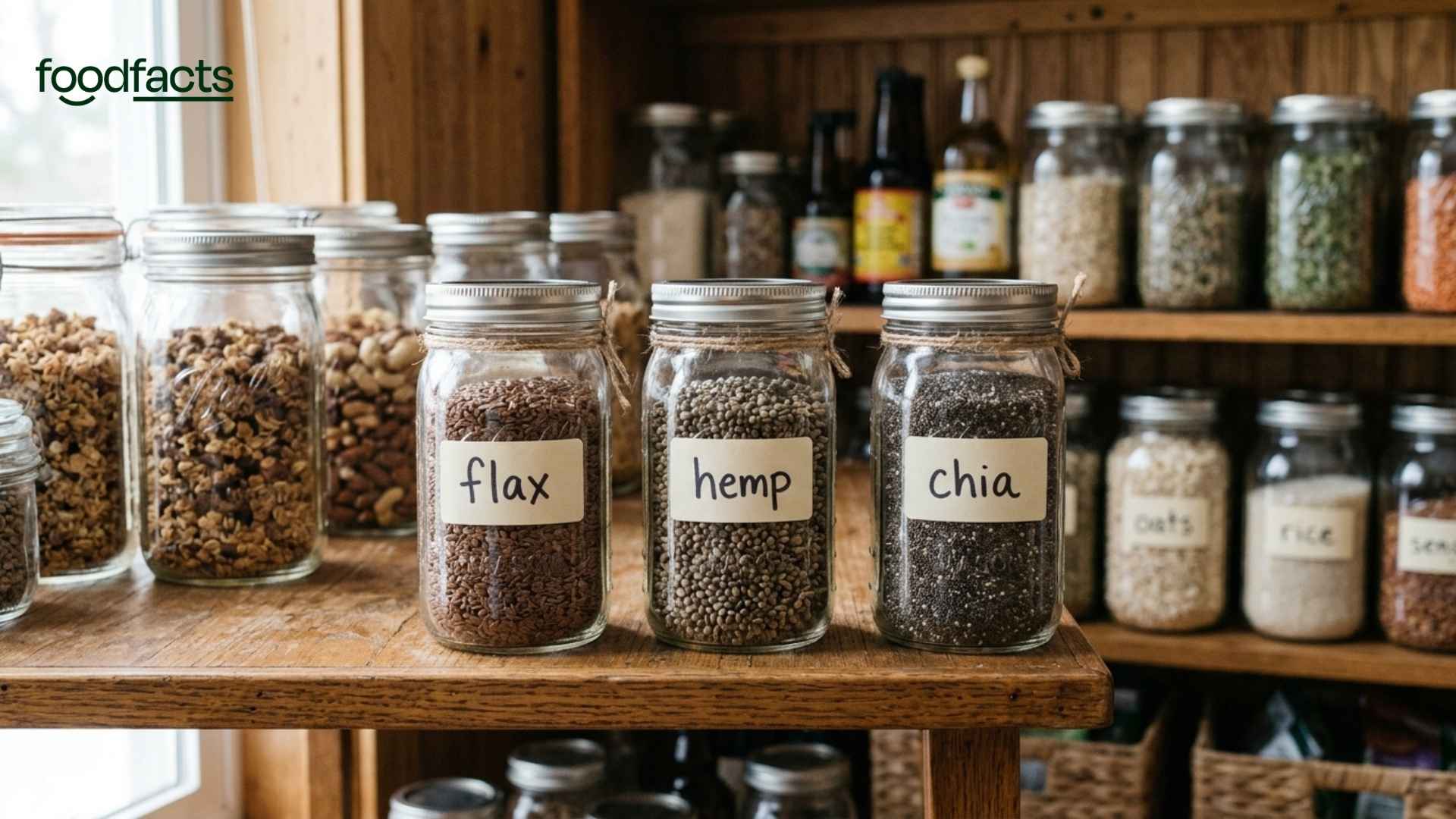 Various jars of seeds, including hemp, flax, and chia seeds