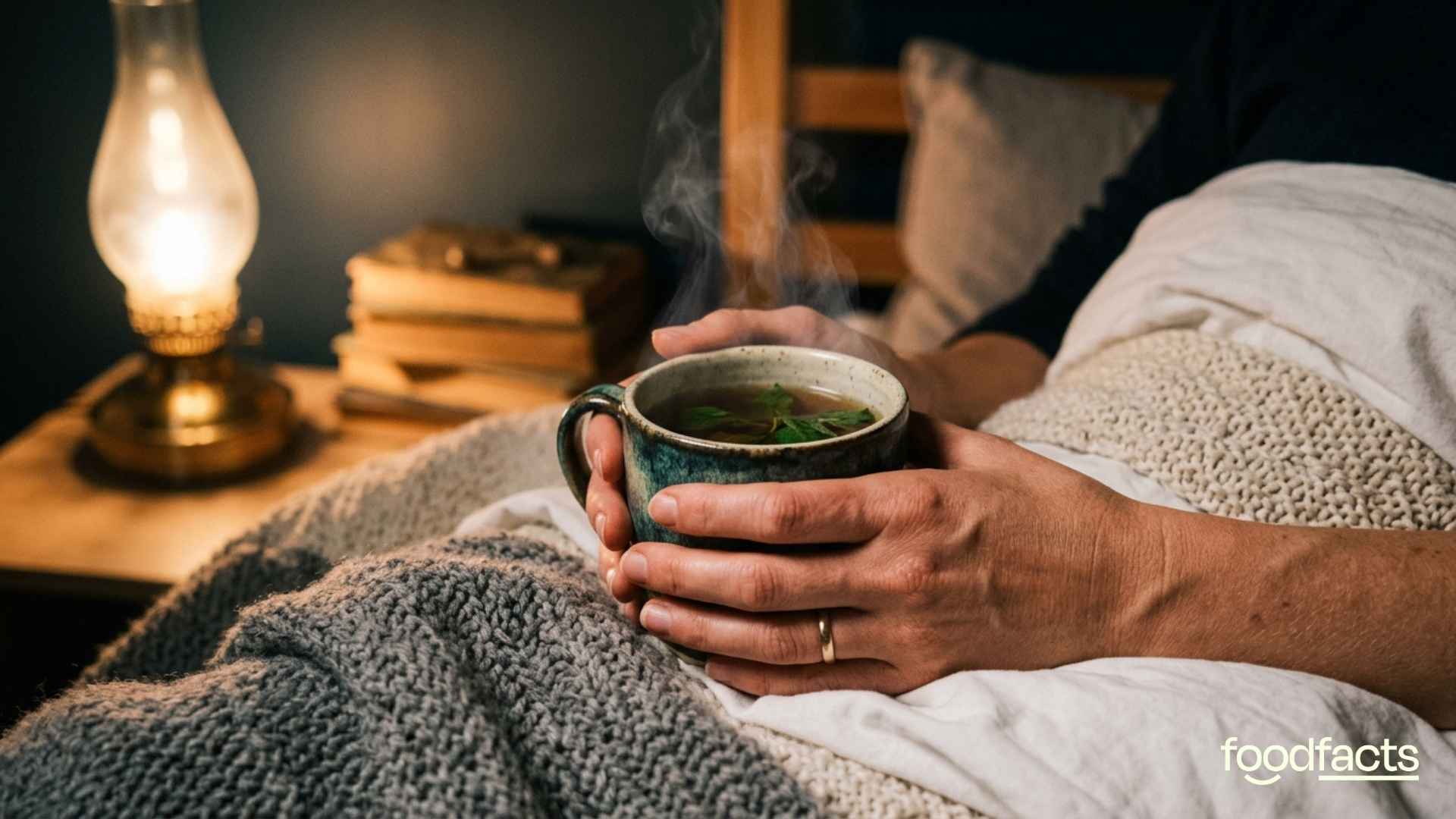 A person holds a mug of lemon balm tea, ready to drink it before going to sleep