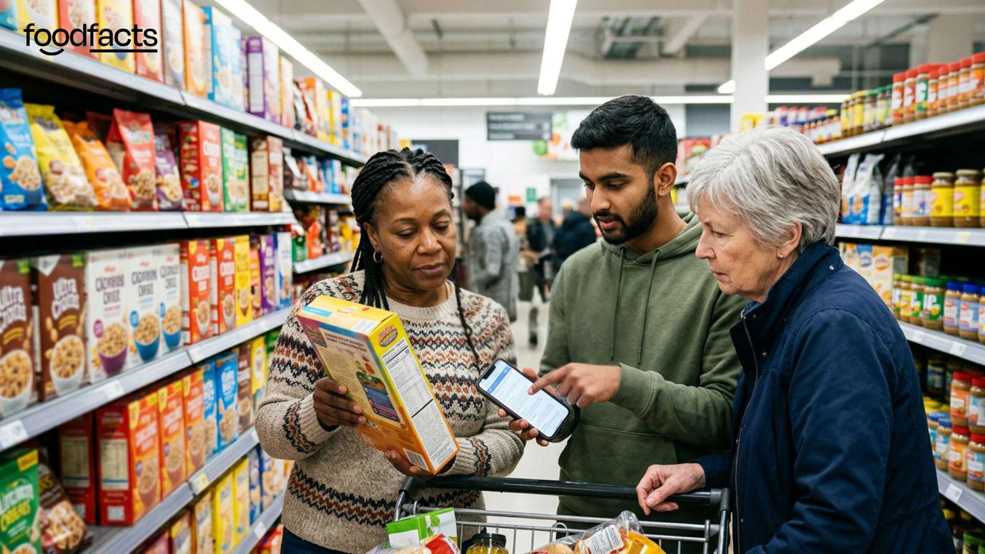 People scrutinising food labels in a supermarket aisle — why independent fact-checking is essential for combating food misinformation