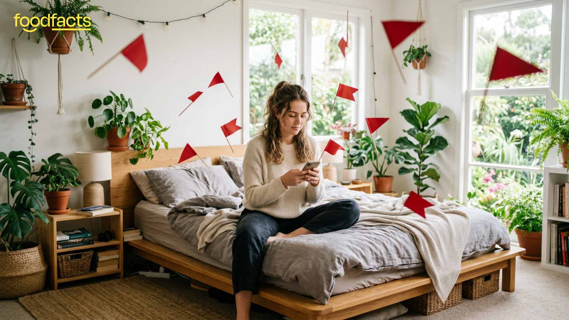 A young woman sits cross-legged on a bed, holding a smartphone, surrounded by dozens of floating red flags. The image visually represents the theme of the article, which provides guidance on identifying "red flags" of fake nutrition advice on social media platforms, highlighting the overwhelming presence of misinformation online.