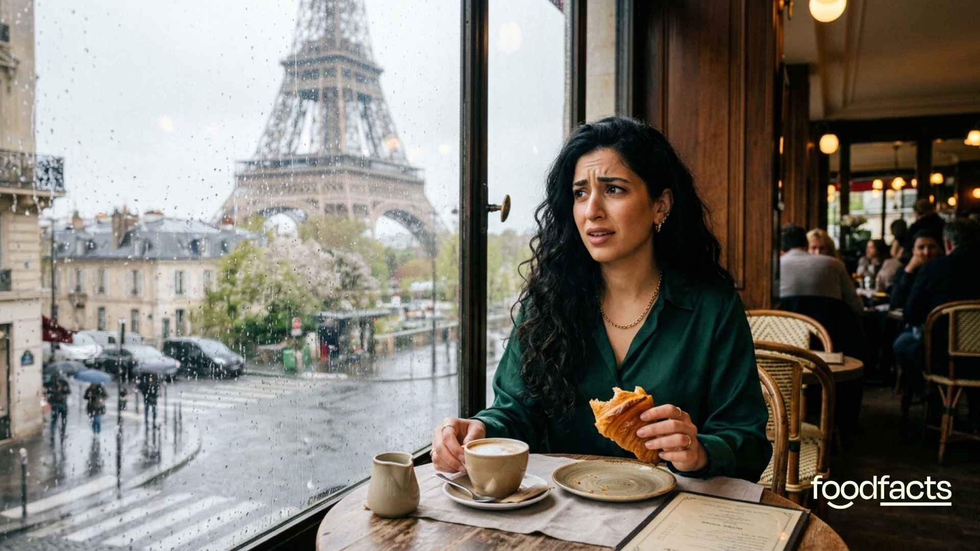 A person eats a croissant whilst in a Parisian cafe
