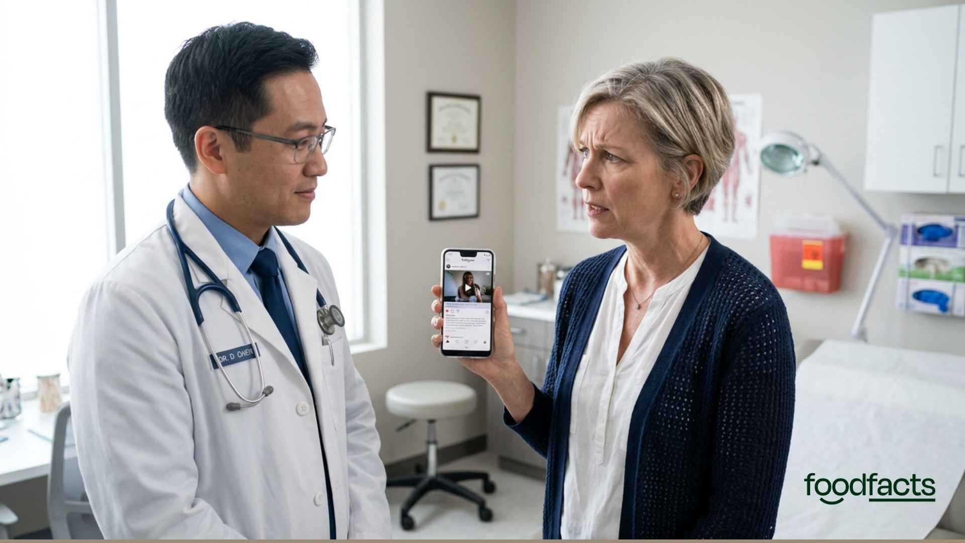 A scared middle aged woman goes to her doctor with information that she's seen online about the risks of hormone replacement therapy